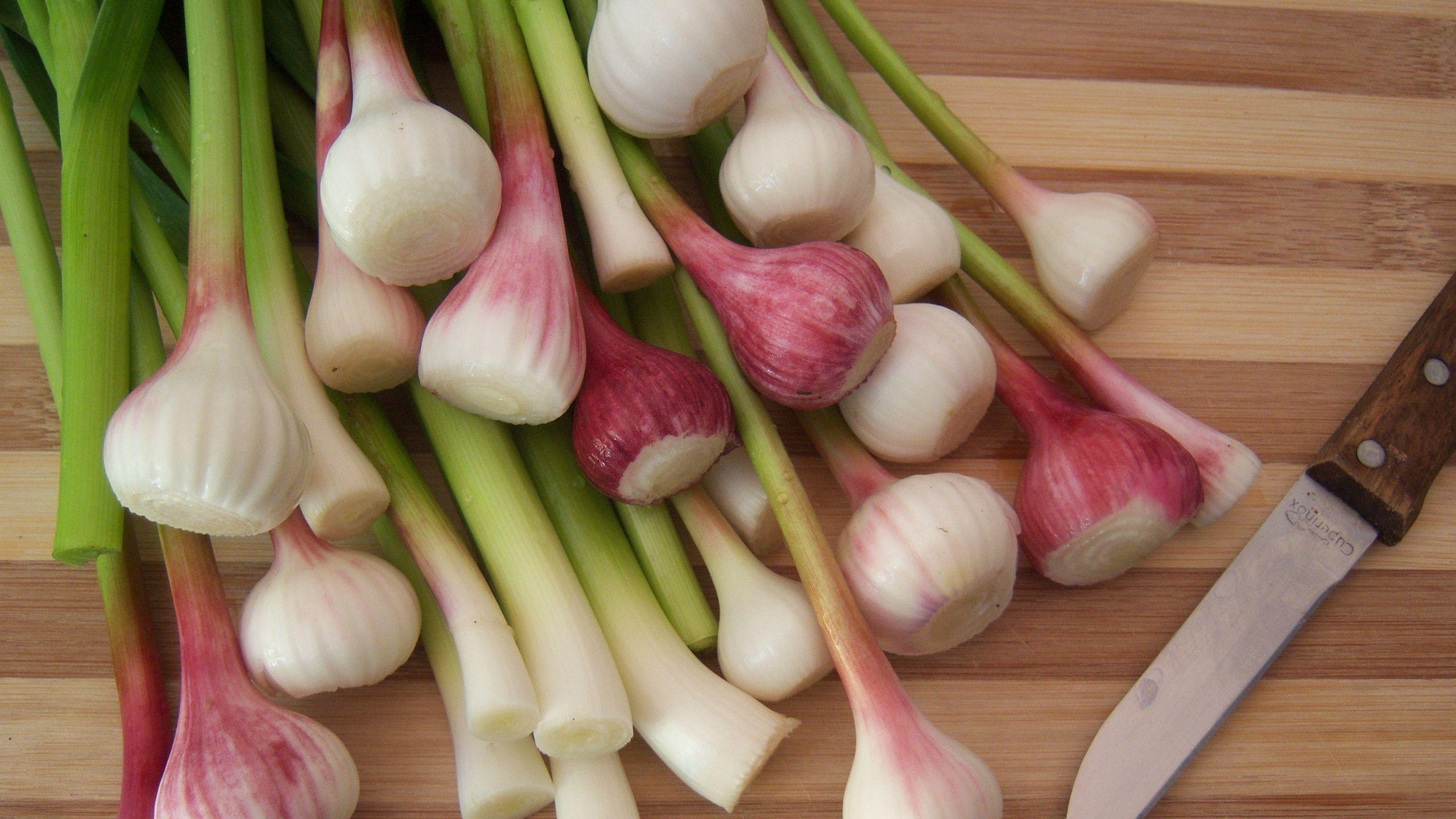 Download wallpaper 2560x1440 vegetables, garlic, cutting board