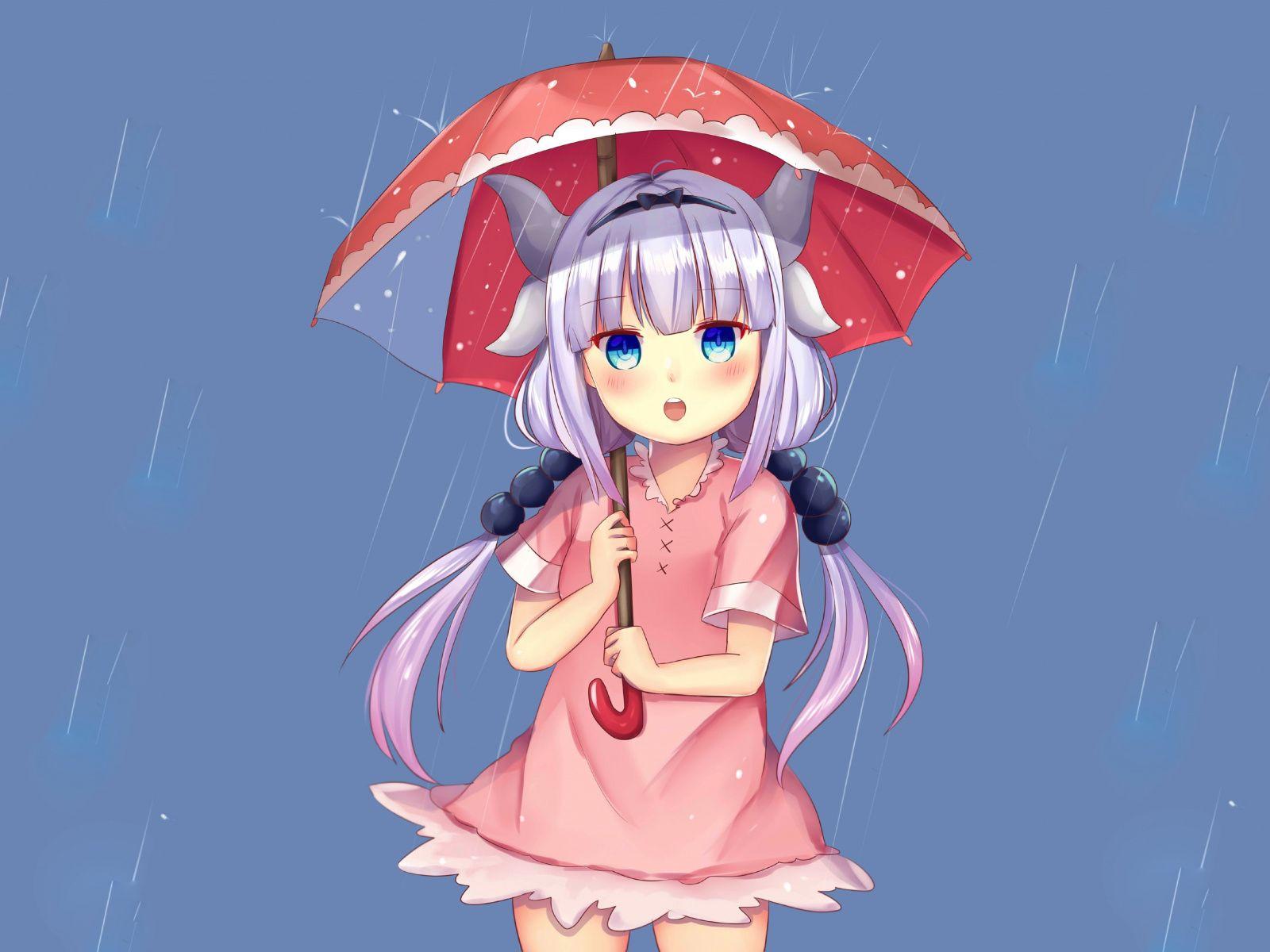 Download 1600x1200 Wallpaper Kanna Kamui, Anime Girl, Umbrella, Rain