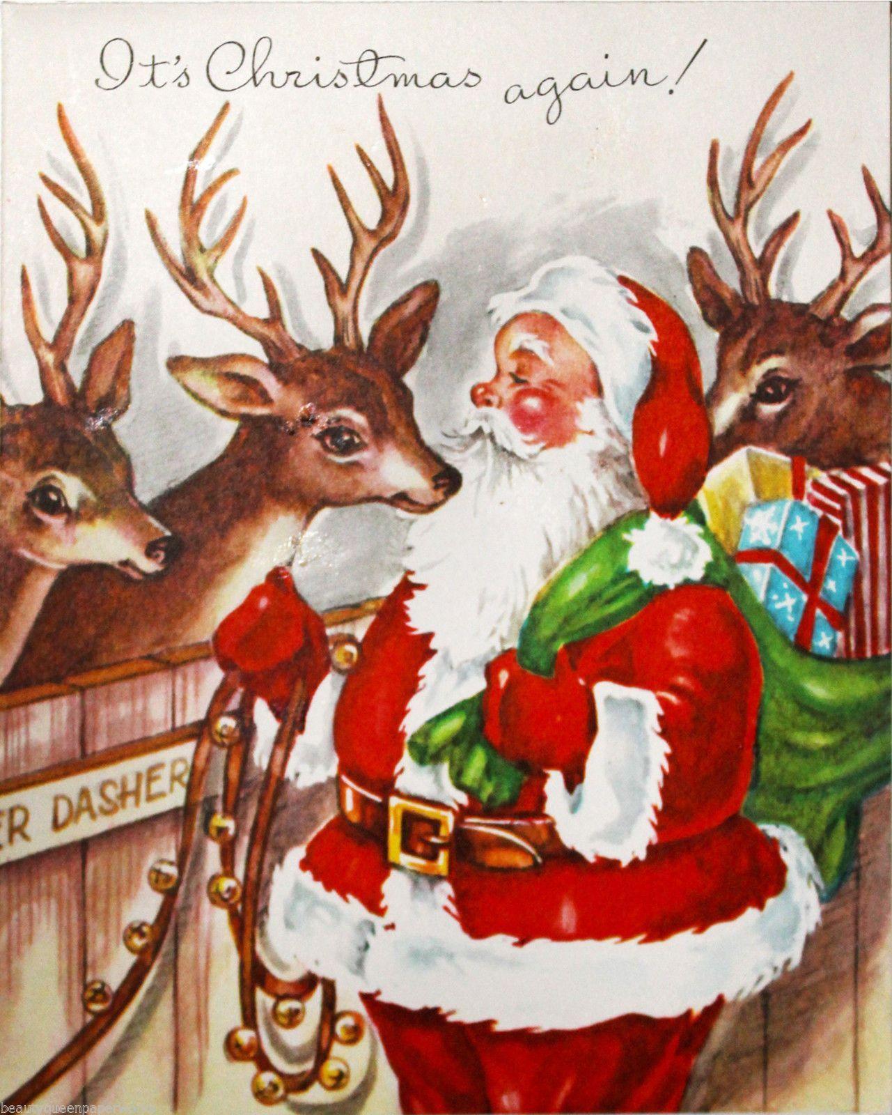 1940's Santa Sack Full Toys Visiting w/ Reindeer Dasher Vintage