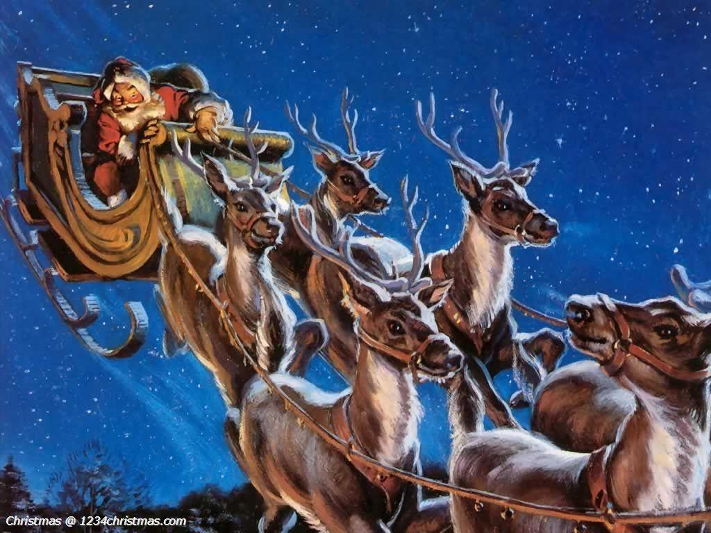 Christmas Santa Flying Reindeer Sleigh Wallpaper Download