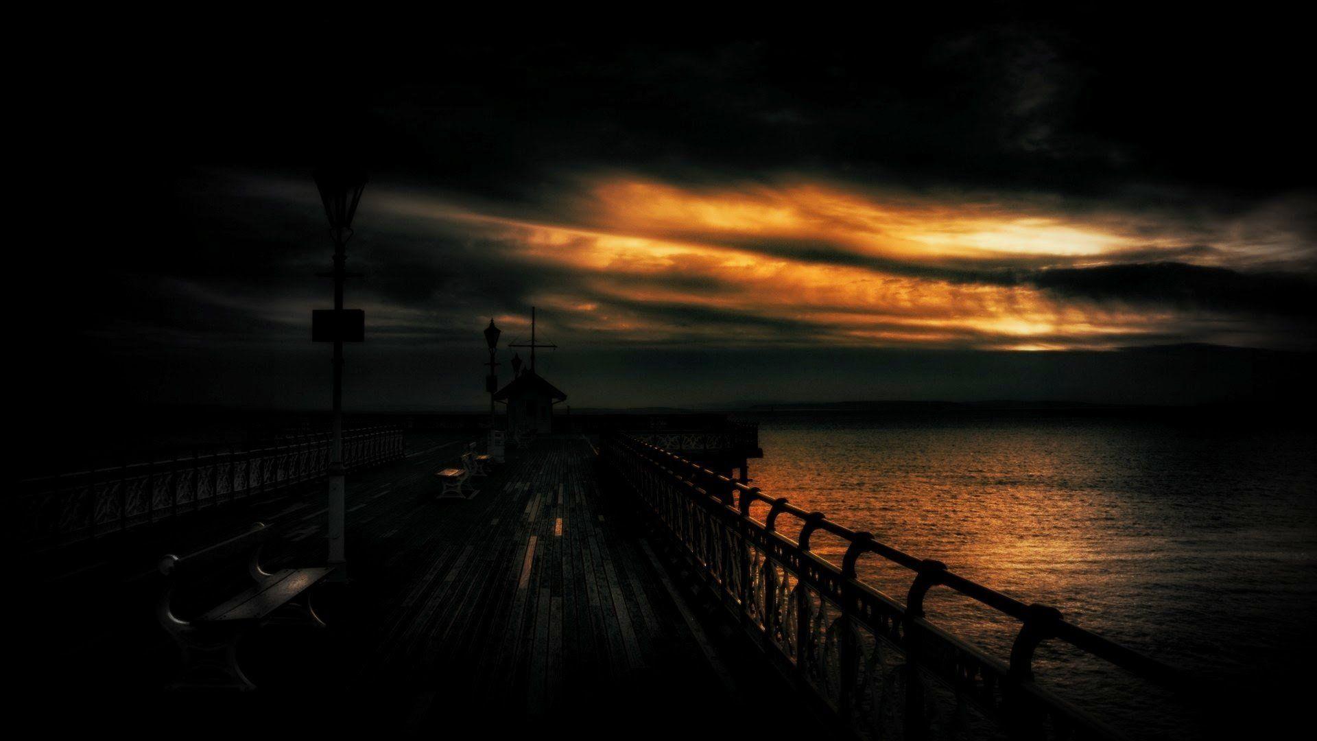 Dark sunset ocean sea pier sky wallpaperx1080