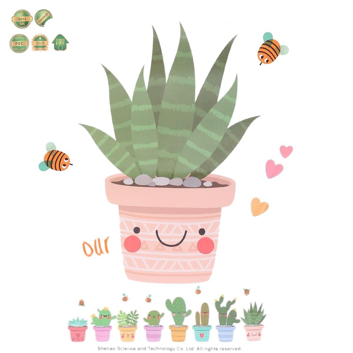 Mayitr 1pcs DIY Pot Culture Wall Sticker Cartoon Cute Cactus Pot