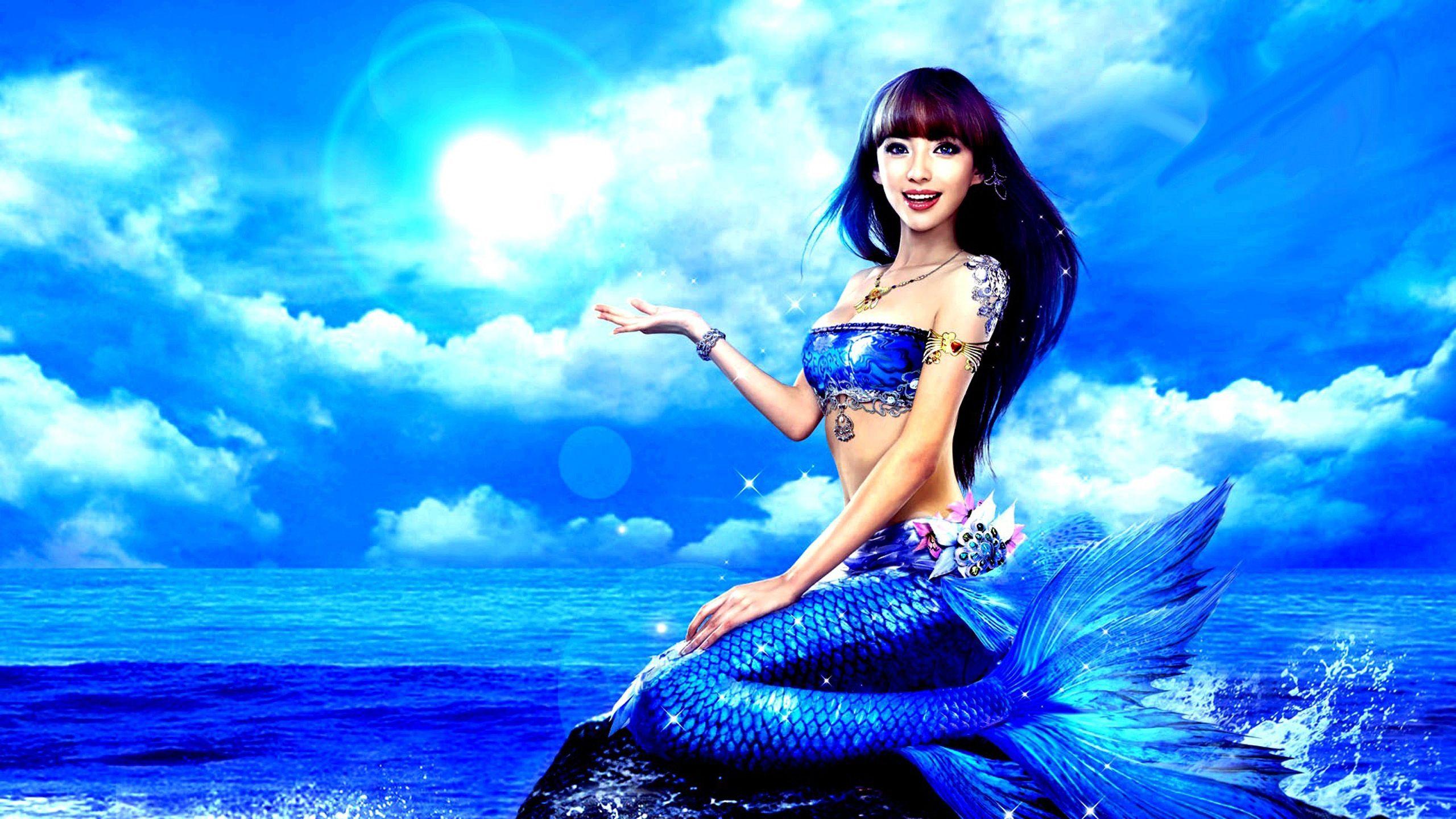 Asian Girl Mermaid Tail Blue Sea Ocean Wallpaper HD 2560x1440
