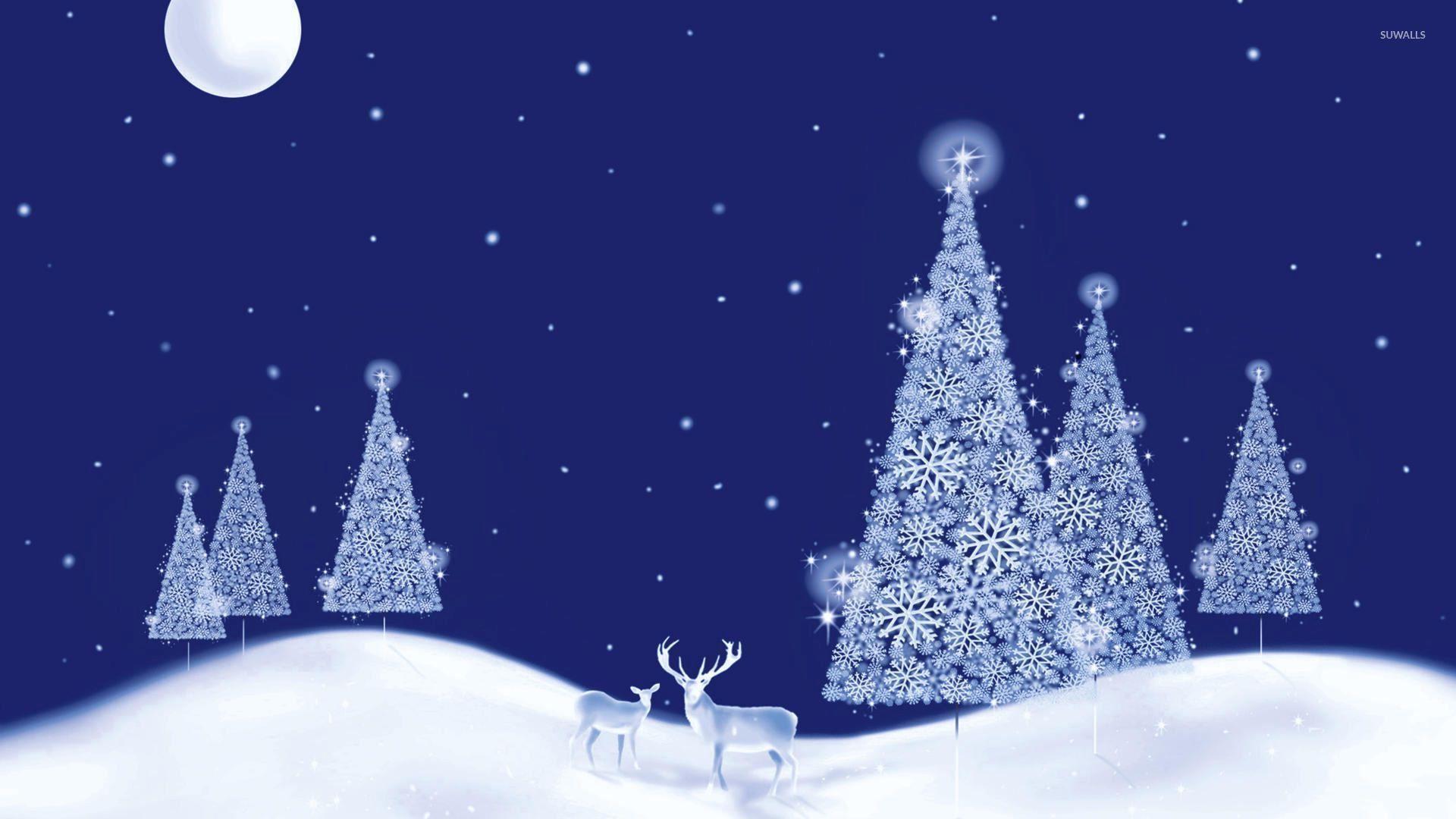 Glowing white Christmas trees on a beautiful winter night wallpaper wallpaper