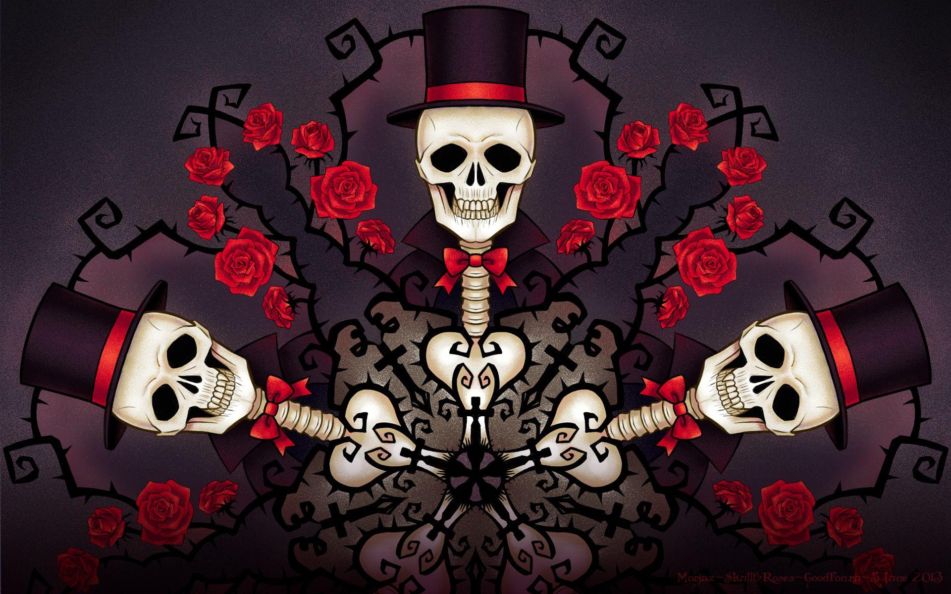 Skulls Roses Hat Fantasy skull gothis flower wallpaperx1200