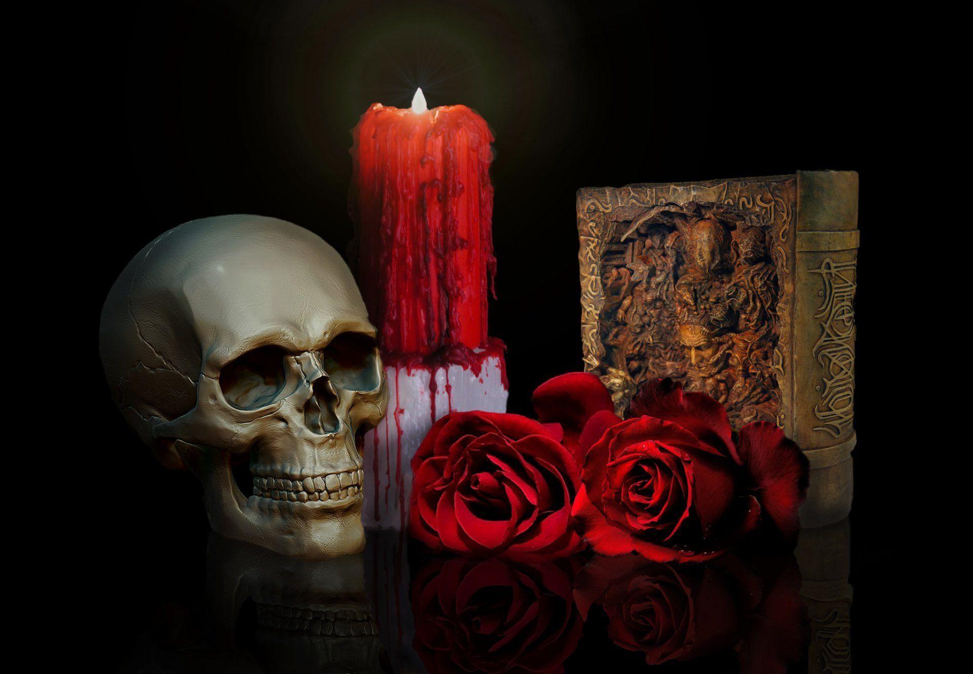 skull roses candle book HD wallpaper