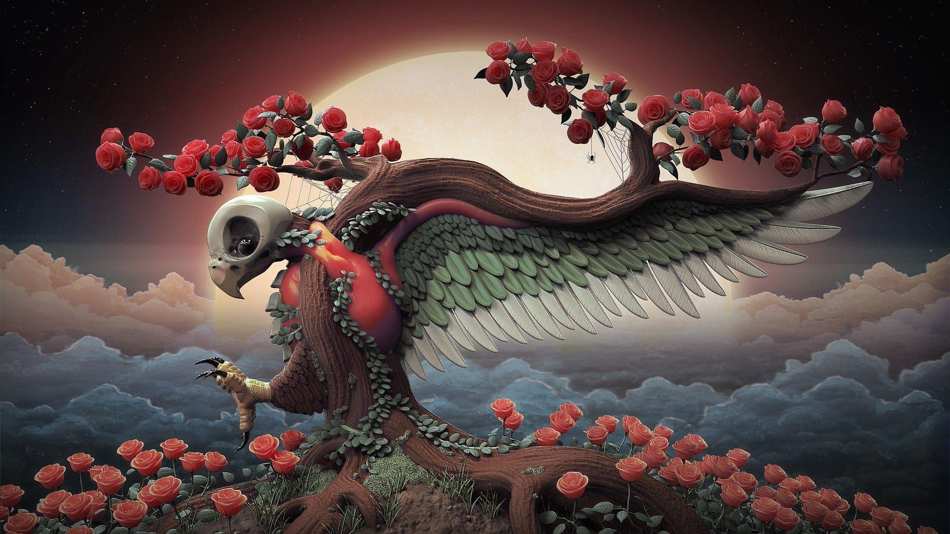 birds trees skull rose wallpaper and background