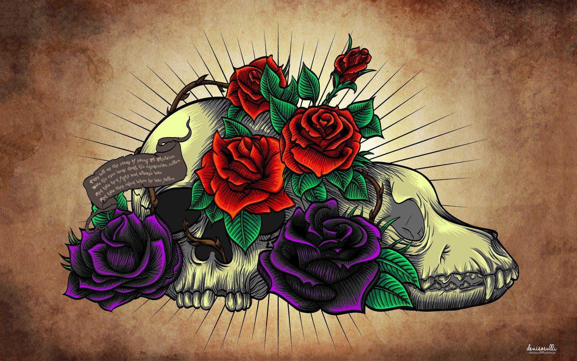 Skulls flowers text grunge leaves artwork scrolls roses thorns
