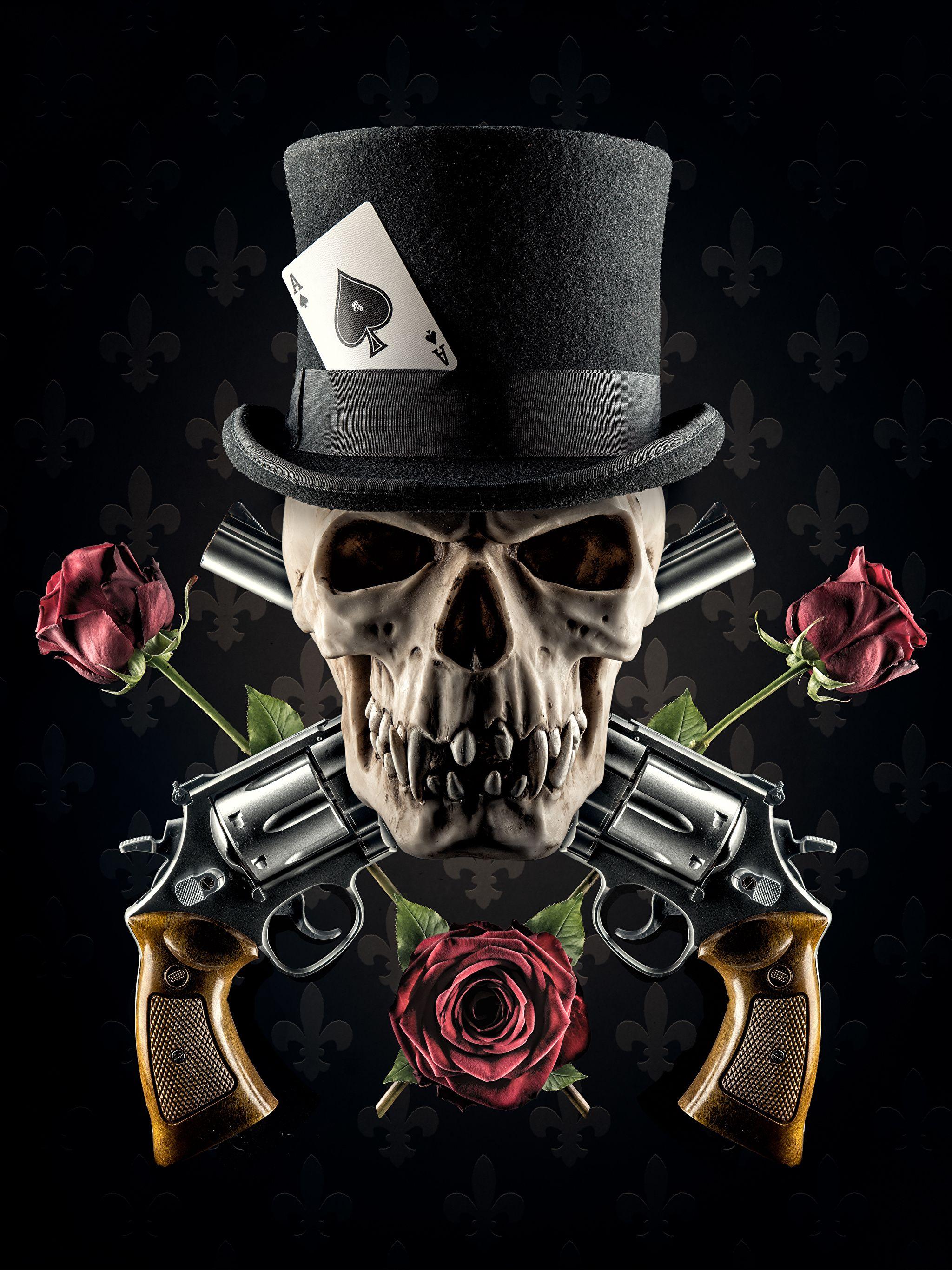 Photos Skulls Revolver Hat Roses Fantasy Black background 2048x2732