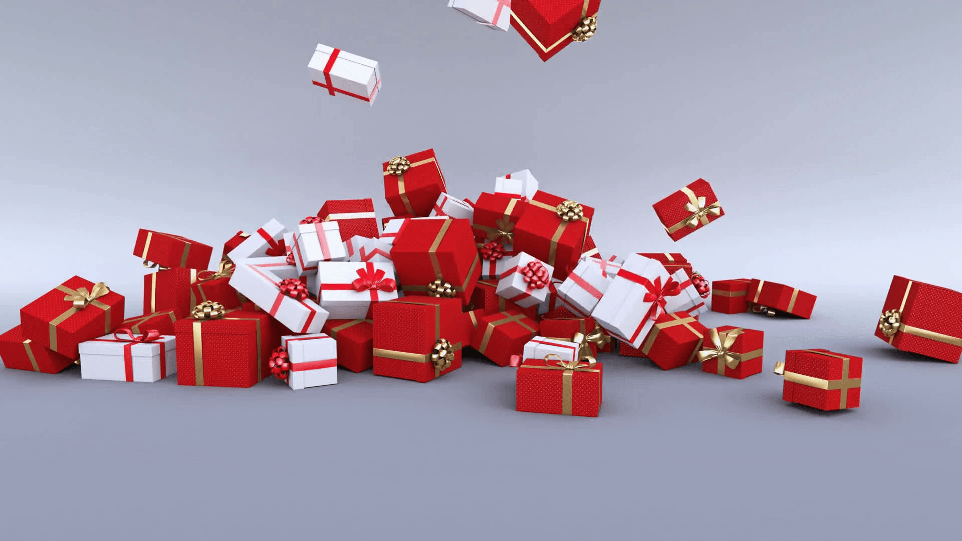 Gift boxes falling on the ground. A lot of Christmas gifts. Alpha