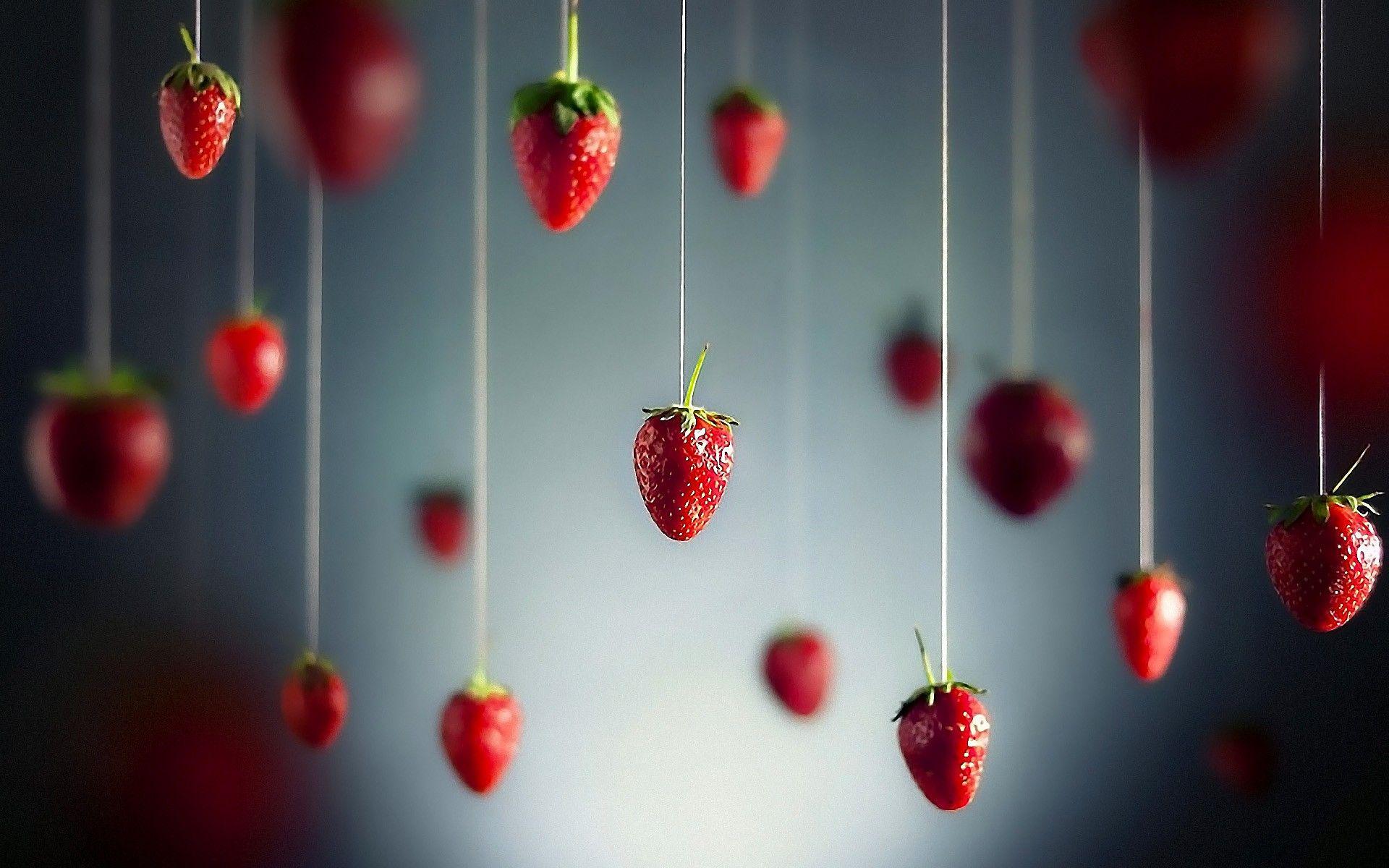 Minimalistic fruits hanging strawberries wallpaperx1200