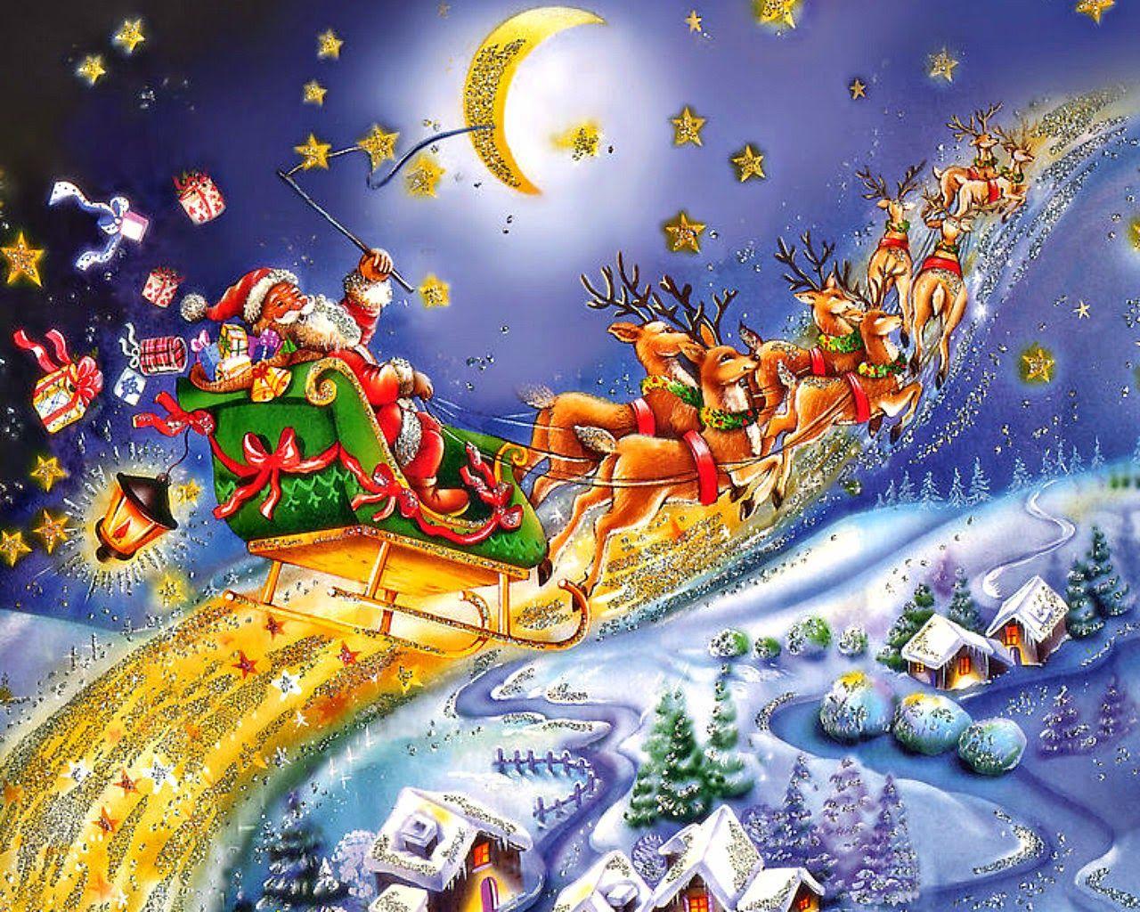Santa Claus coming to town riding his reindeer sleigh flying in sky