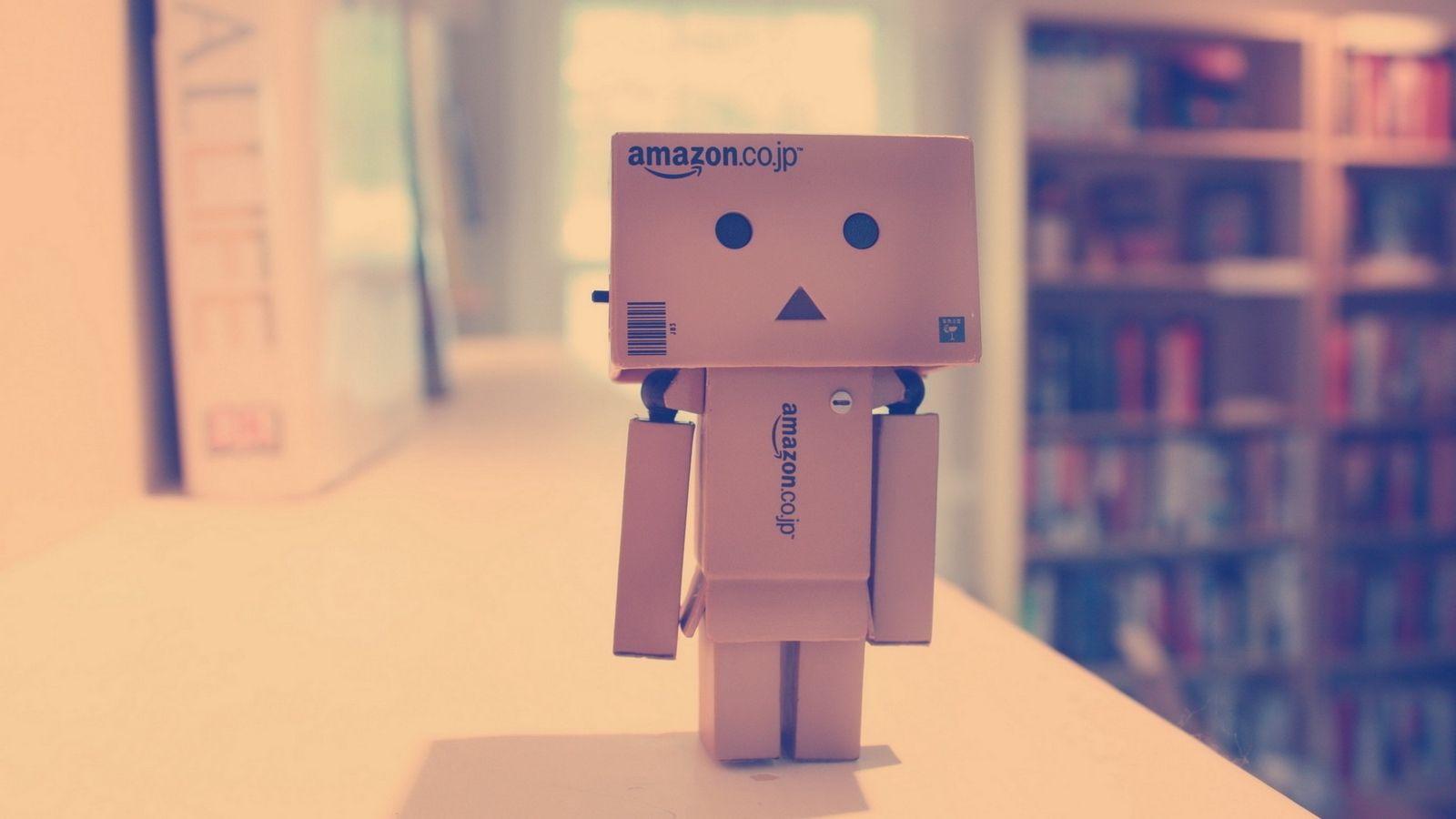 Download wallpaper 1600x900 danboard, boxes, robot, mood, library