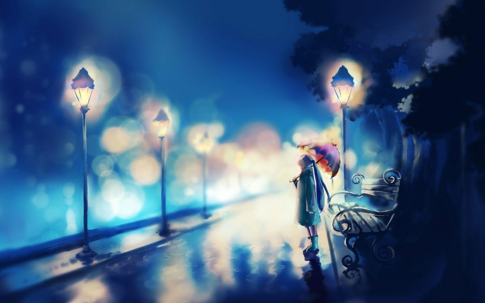 Night Lights Alone Girl Painting Wallpaper for desktop