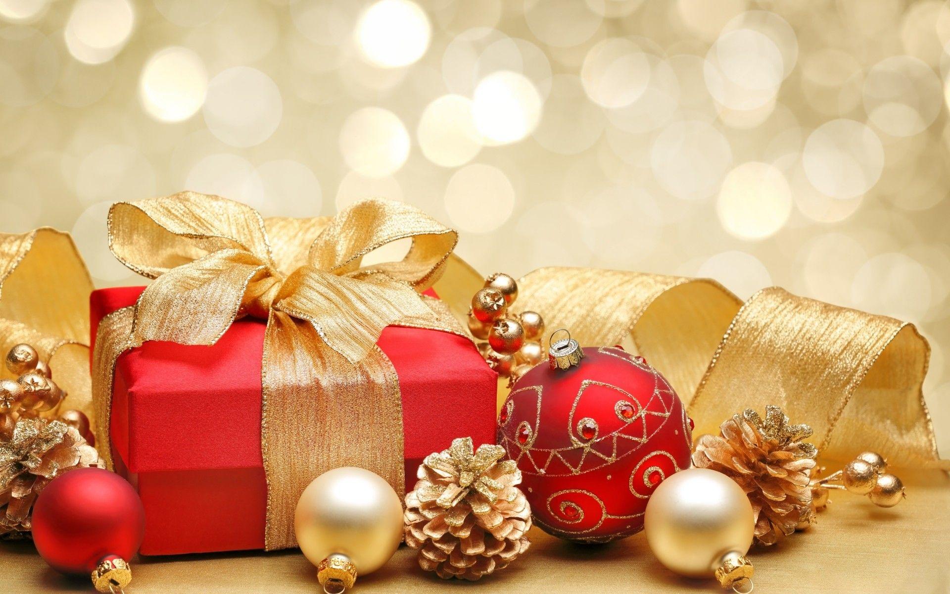 Christmas Gift Box and Decorations. Desktop wallpaper for free