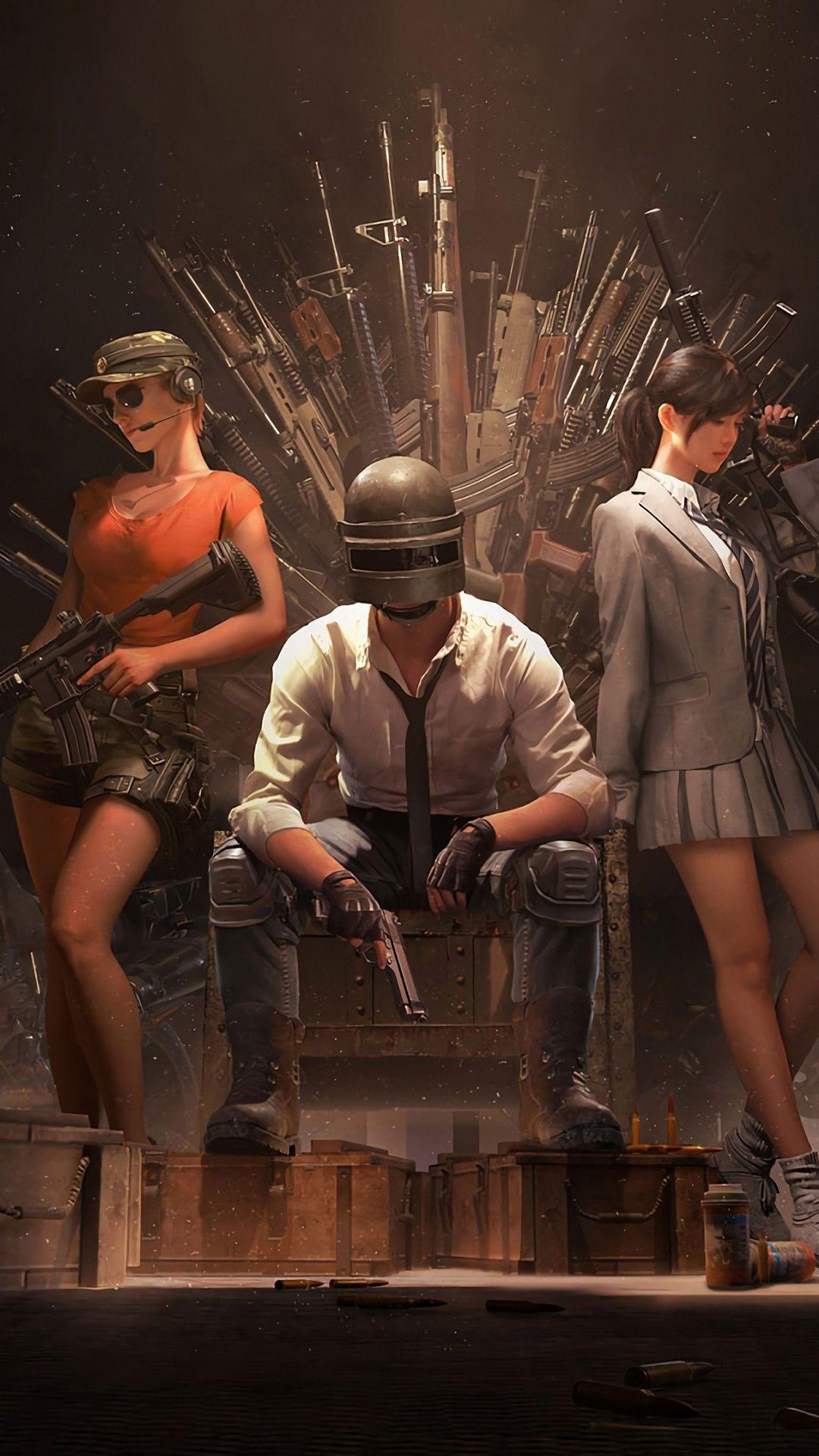 PUBG, Helmet guy with girls, guns throne, video game, 1080x1920