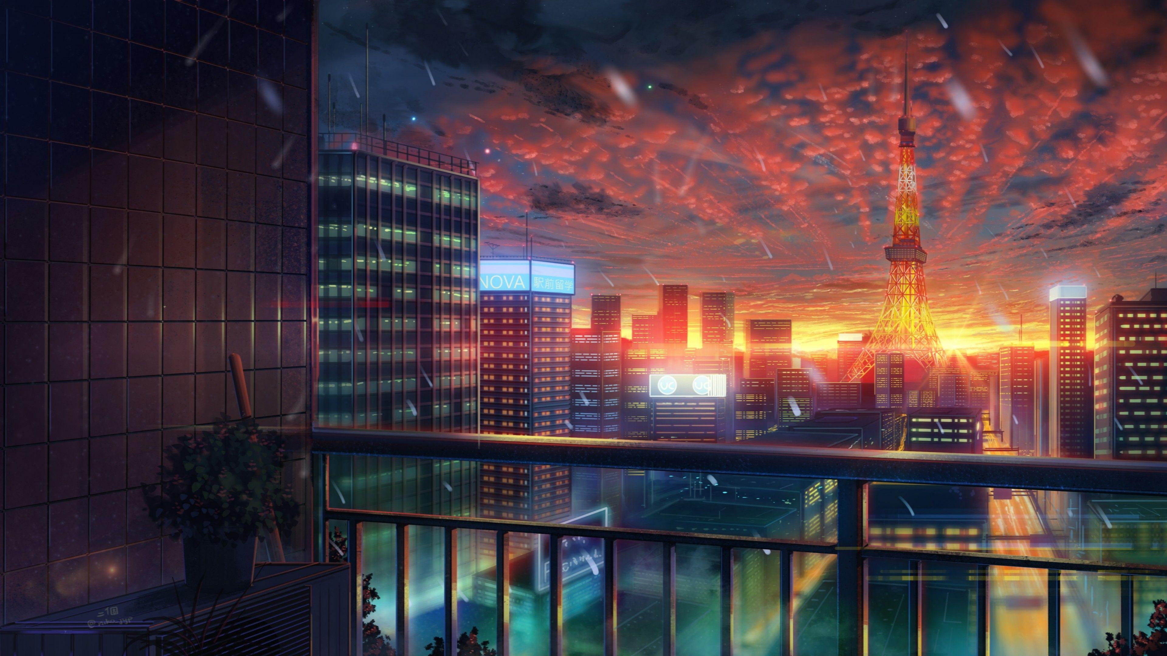 Download 3840x2160 Anime City, Tokyo Tower, Sunset, Buildings