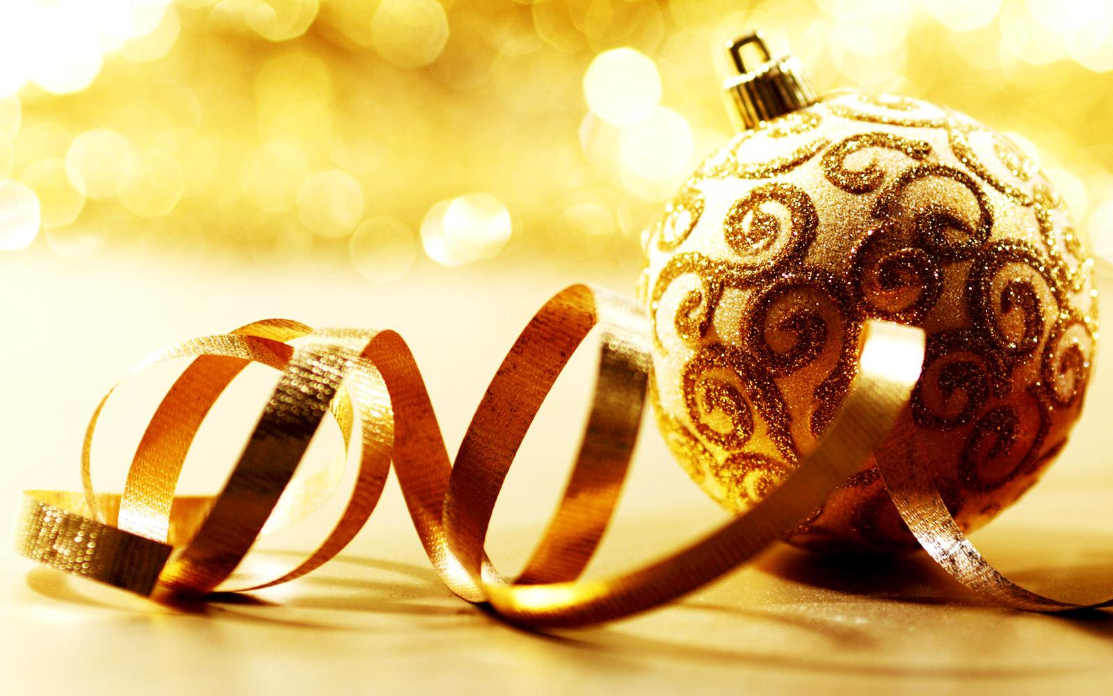 Christmas Ornaments Golden Balls Ribbon HD Wallpaper