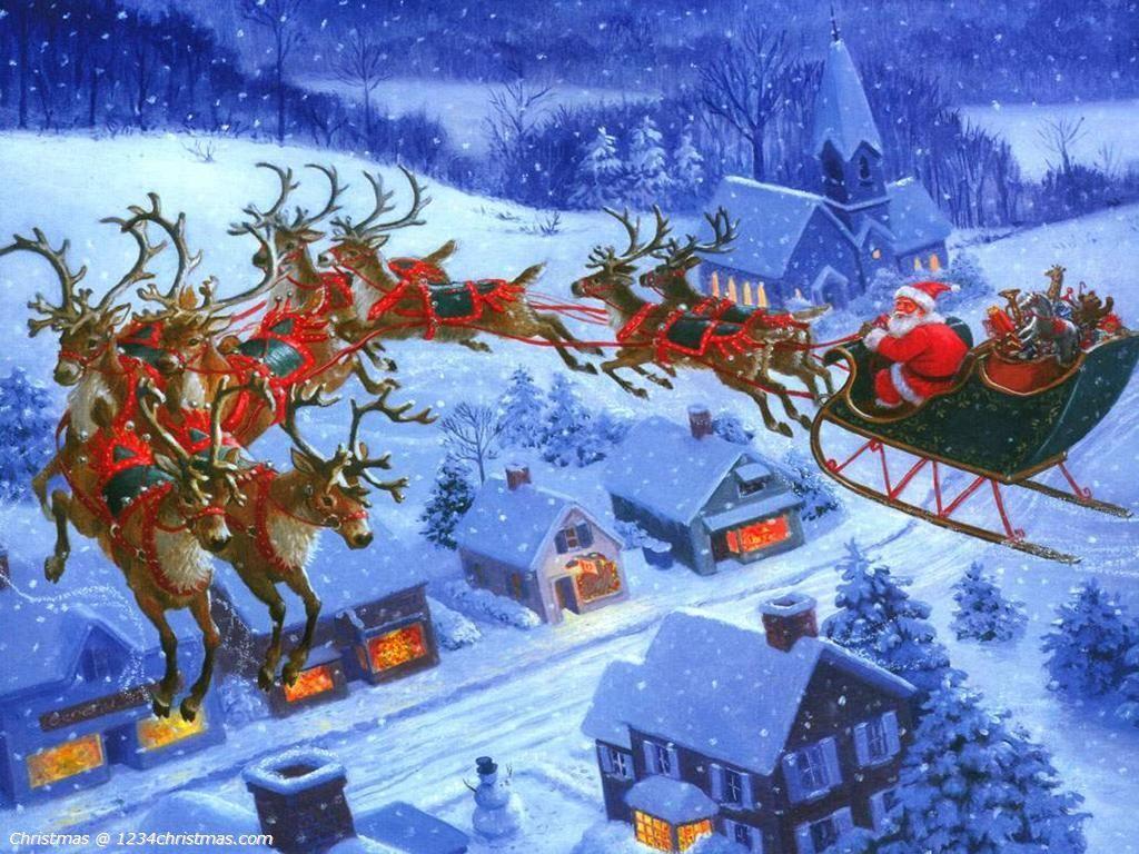 Santa Claus Flying Reindeer Desktop Wallpaper. Christmas scenes, Santa and reindeer, Christmas picture
