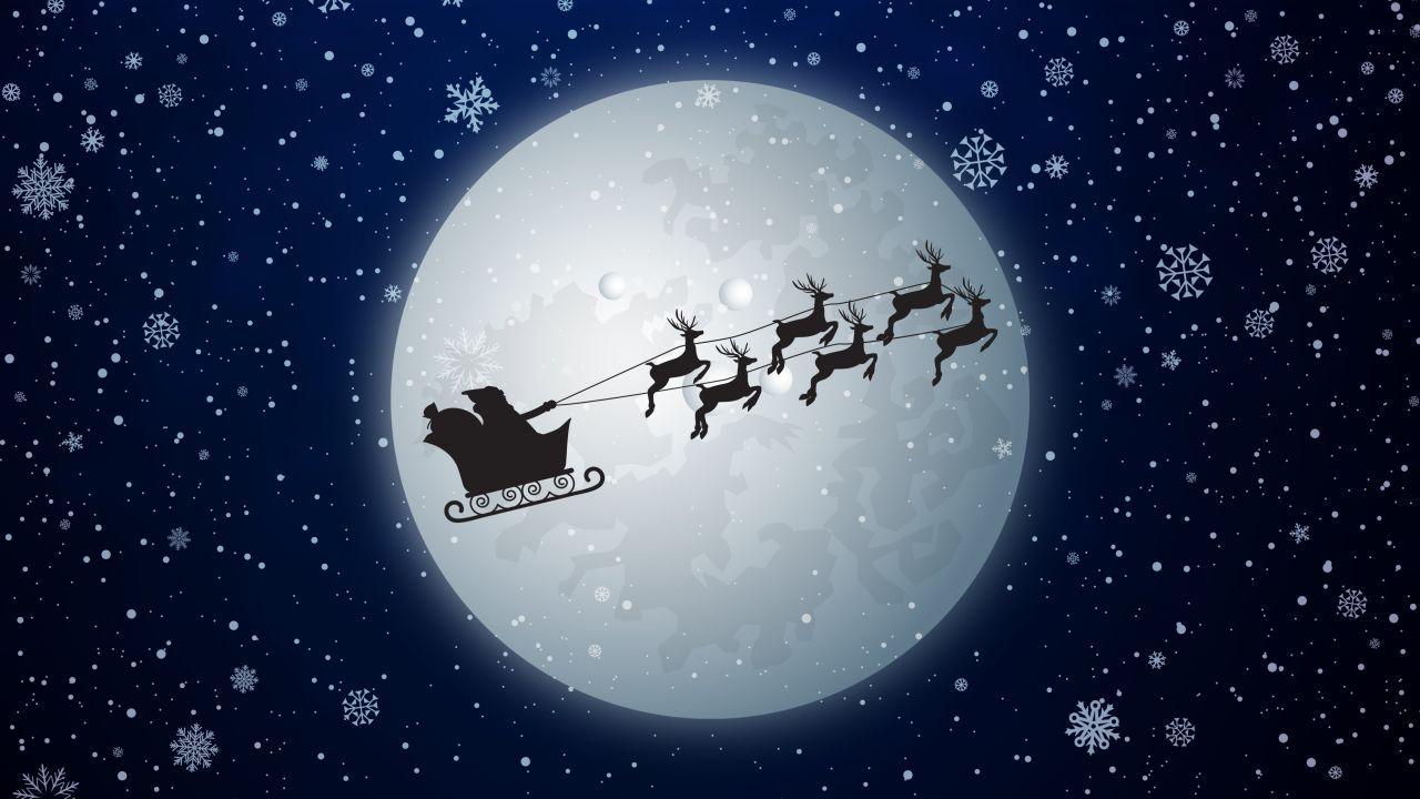 Wallpaper Santa Claus, Reindeer Chariot, Moon, Snowfall, 4K