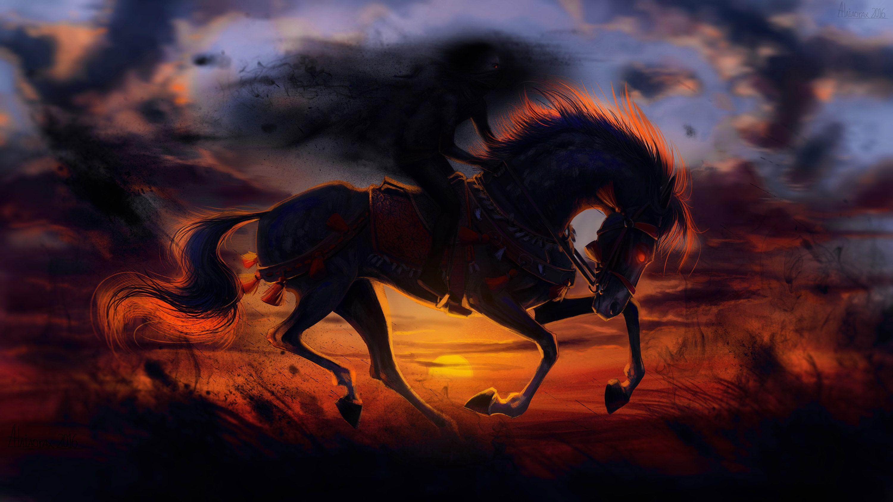 Horse Sunset Painting Artwork, HD Animals, 4k Wallpaper, Image