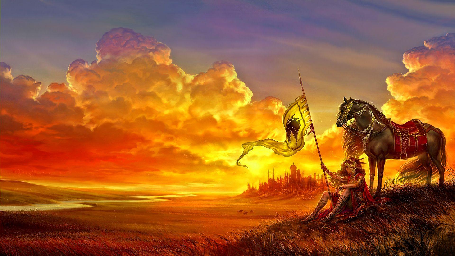 fantasy, warrior, landscape, horse, magic, women, sunset wallpaper