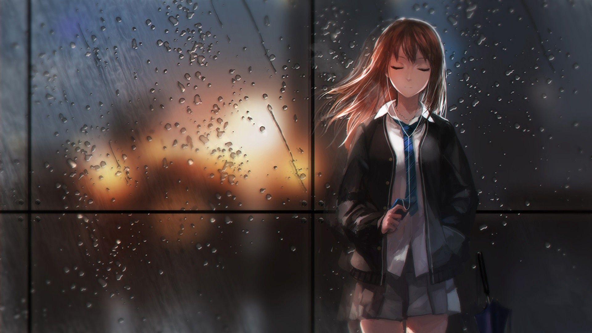 Download wallpaper 1920x1080 girl, anime, rain, glass, light
