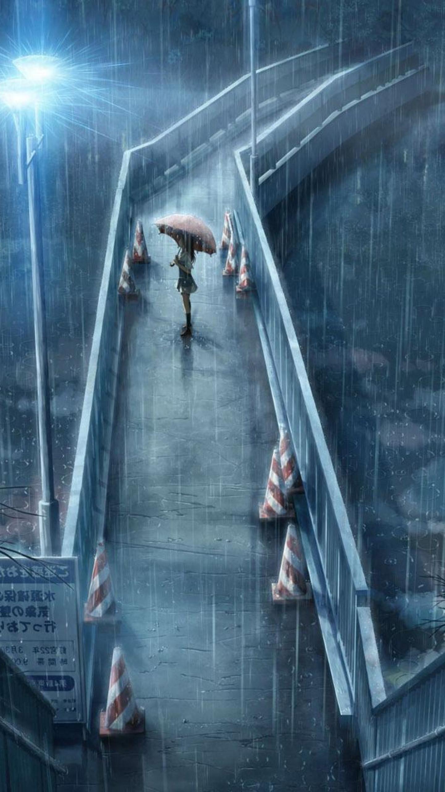 Girl in the rain Woman Anime Bridge Umbrella Rain HD Wallpaper