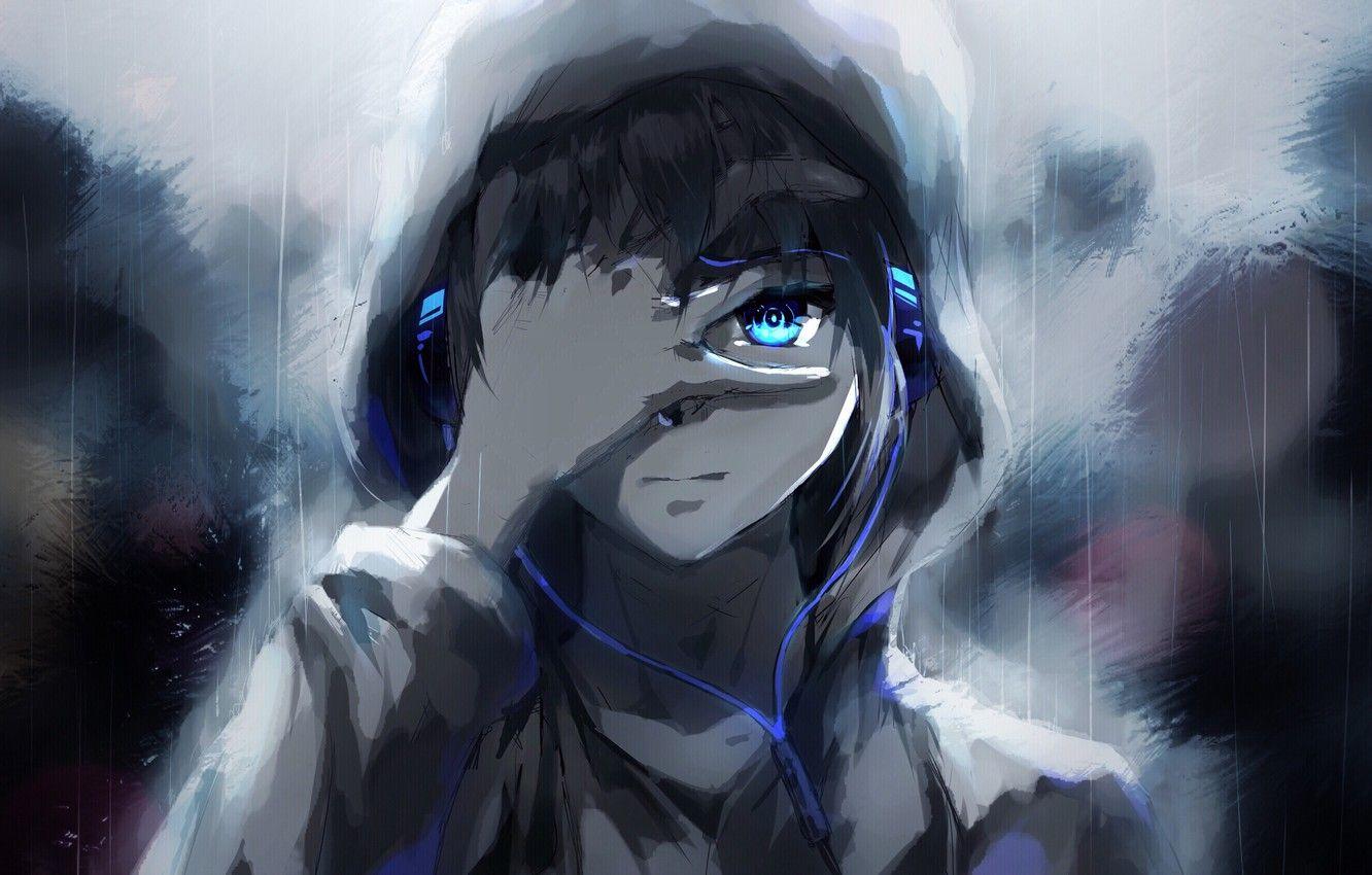 Wallpaper people, rain, anime, headphones, tears, art, guy, raku