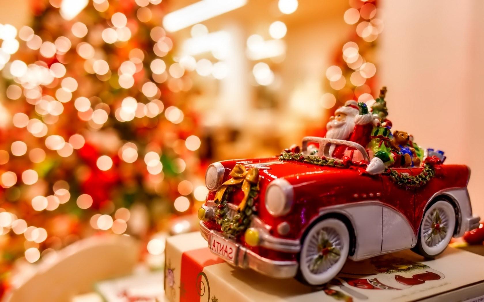 Christmas Tree Lights Santa Claus Car Toy New Year HD Wallpaper