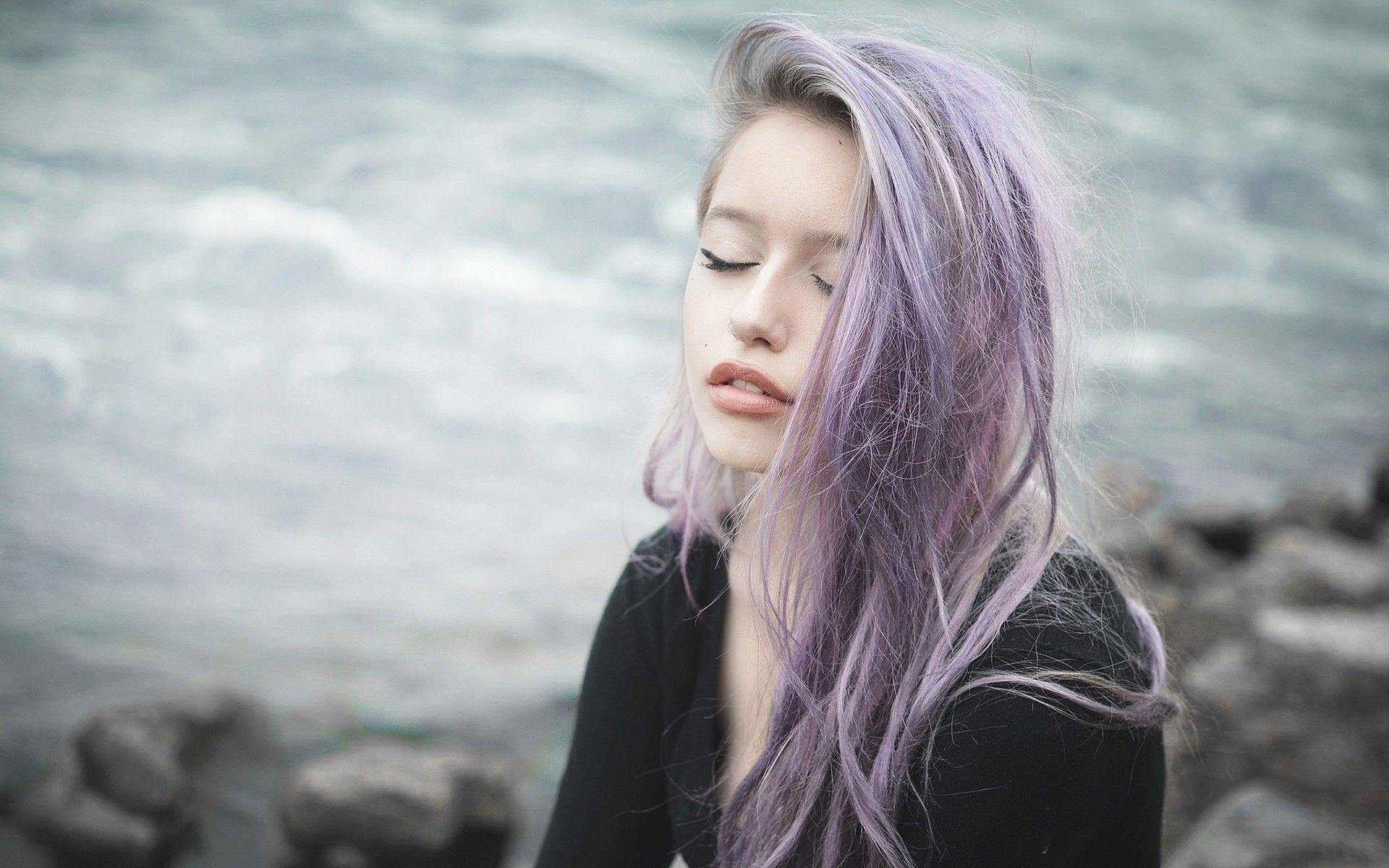 closed eyes, #women, #purple hair, #dyed hair, wallpaper