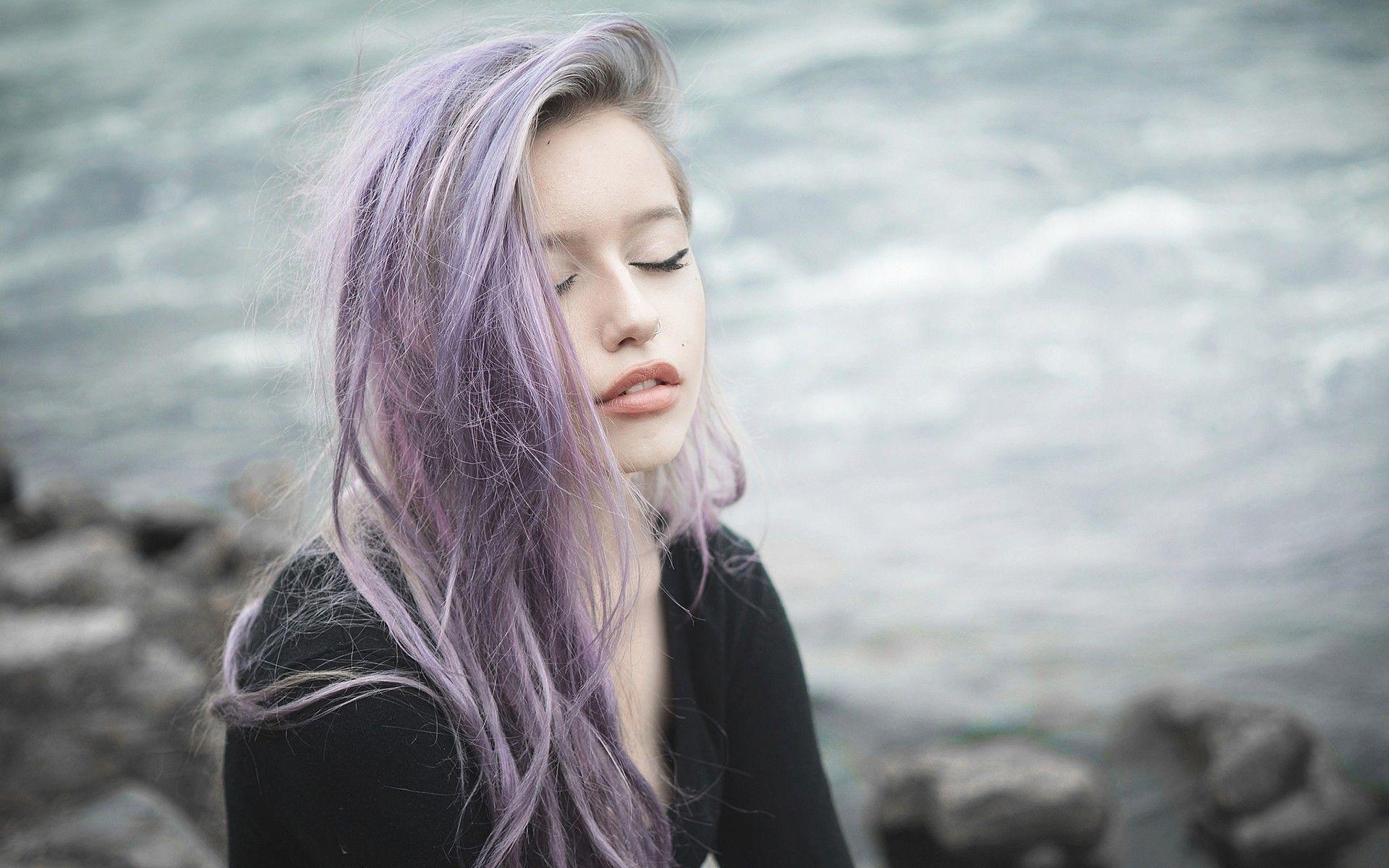women dyed hair purple hair closed eyes wallpaper and background