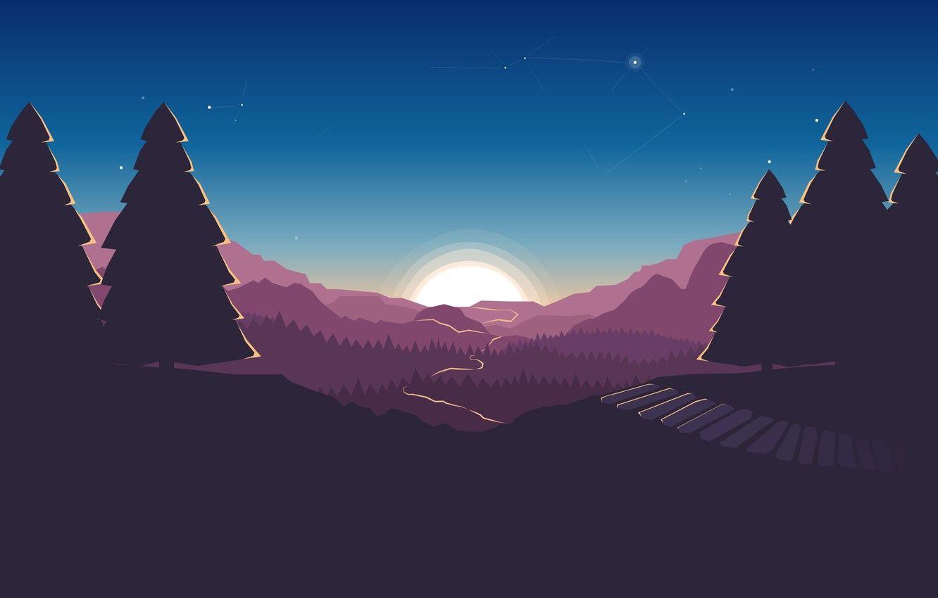 Wallpaper Sunset, The sun, Mountains, The game, Forest, Hills, Landscape, Art, Campo Santo, Firewatch, Low Poly, Fire watch image for desktop, section игры
