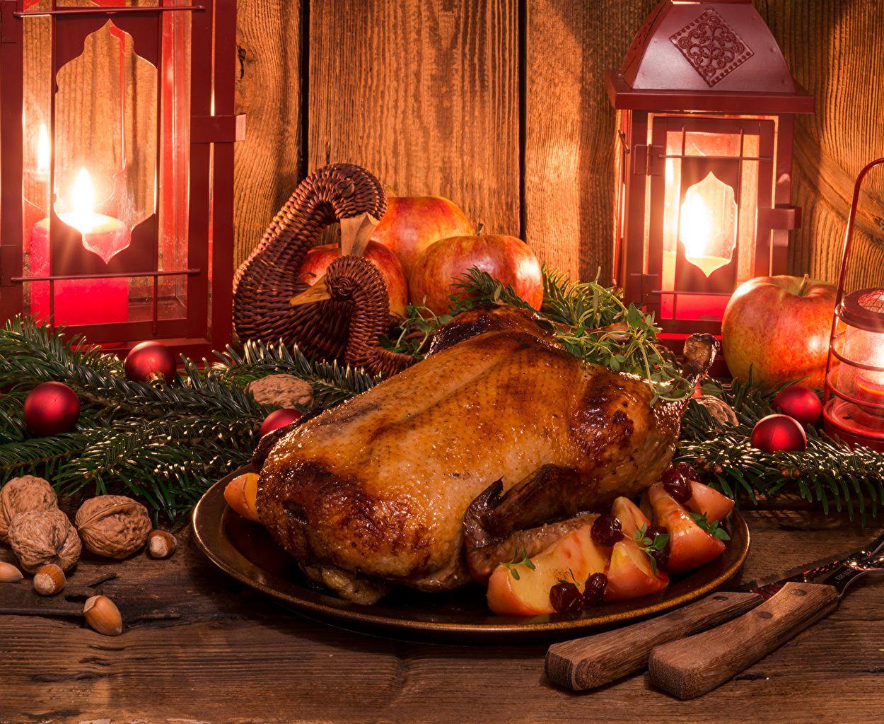 Wallpaper New year Apples Roast Chicken Food Candles Nuts Holidays