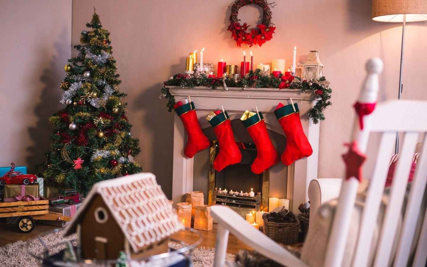 Download 1440x900 Christmas, Fireplace, Tree, Gingerbeard Wallpaper