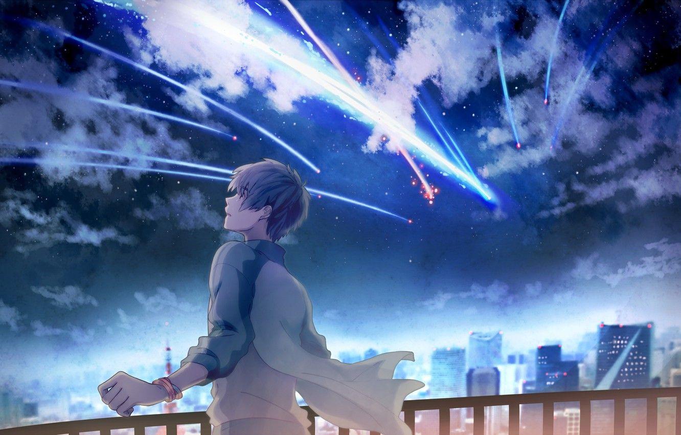 Wallpaper the sky, stars, clouds, night, the city, home, anime