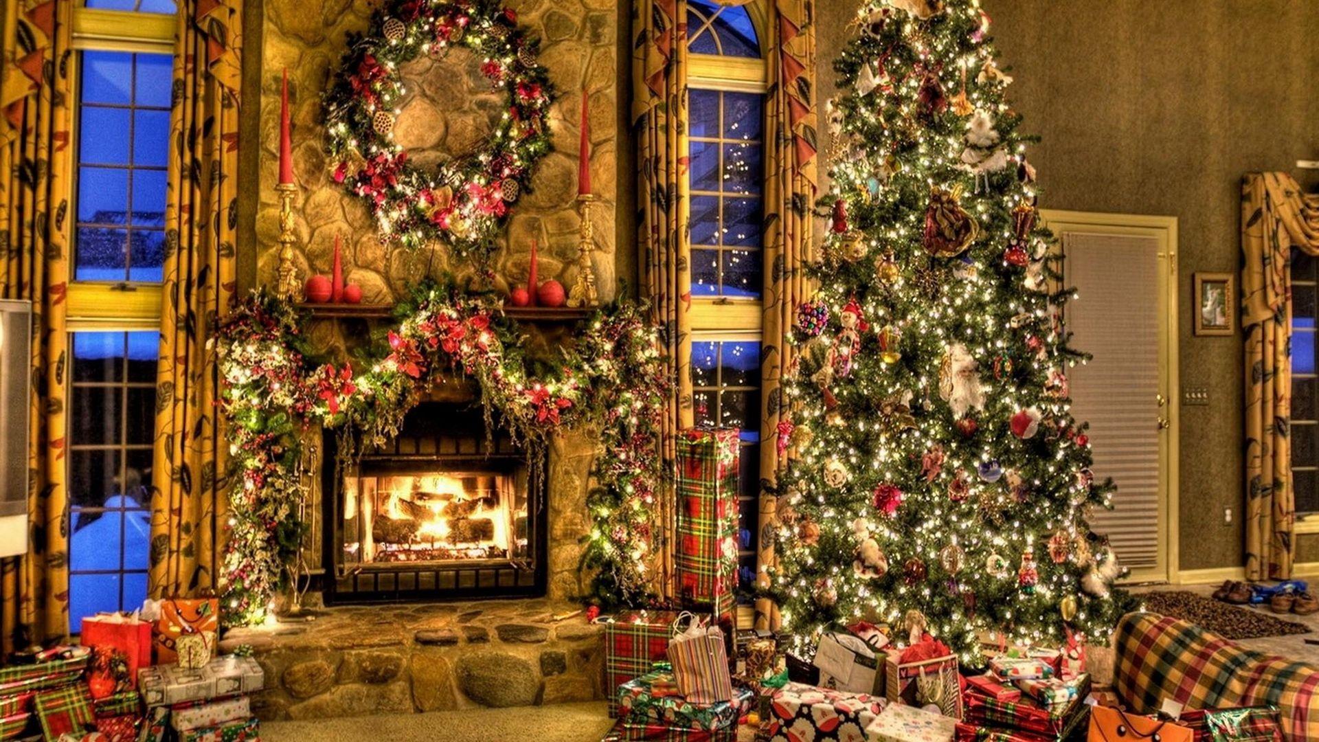 Download wallpaper 1920x1080 tree, christmas, presents, fireplace