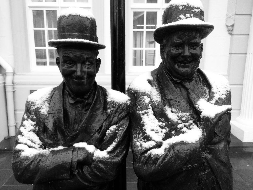 Stan and Ollie still cheerful in the cold