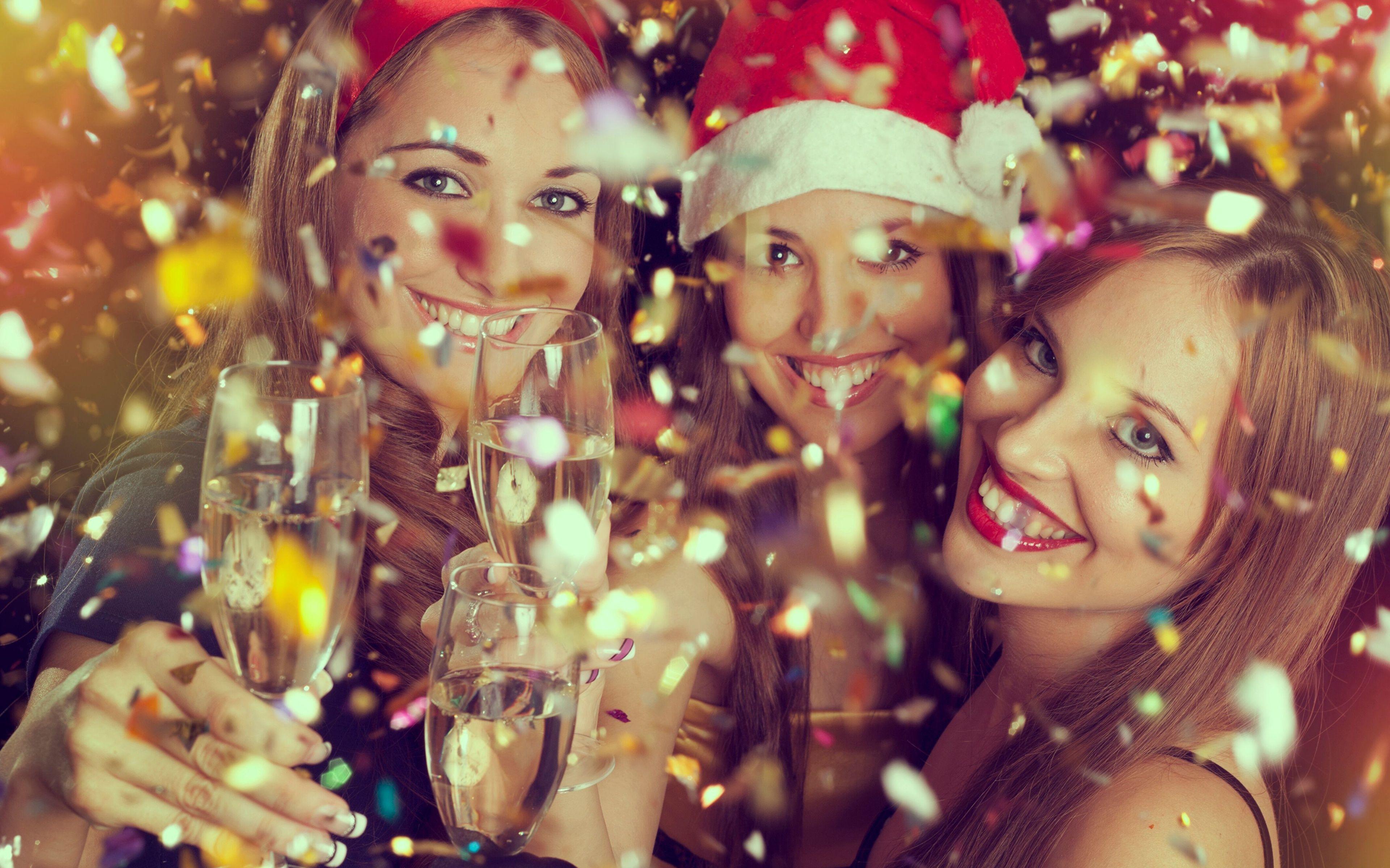 Image New year Confetti Smile Girls Winter hat Sparkling 3840x2400