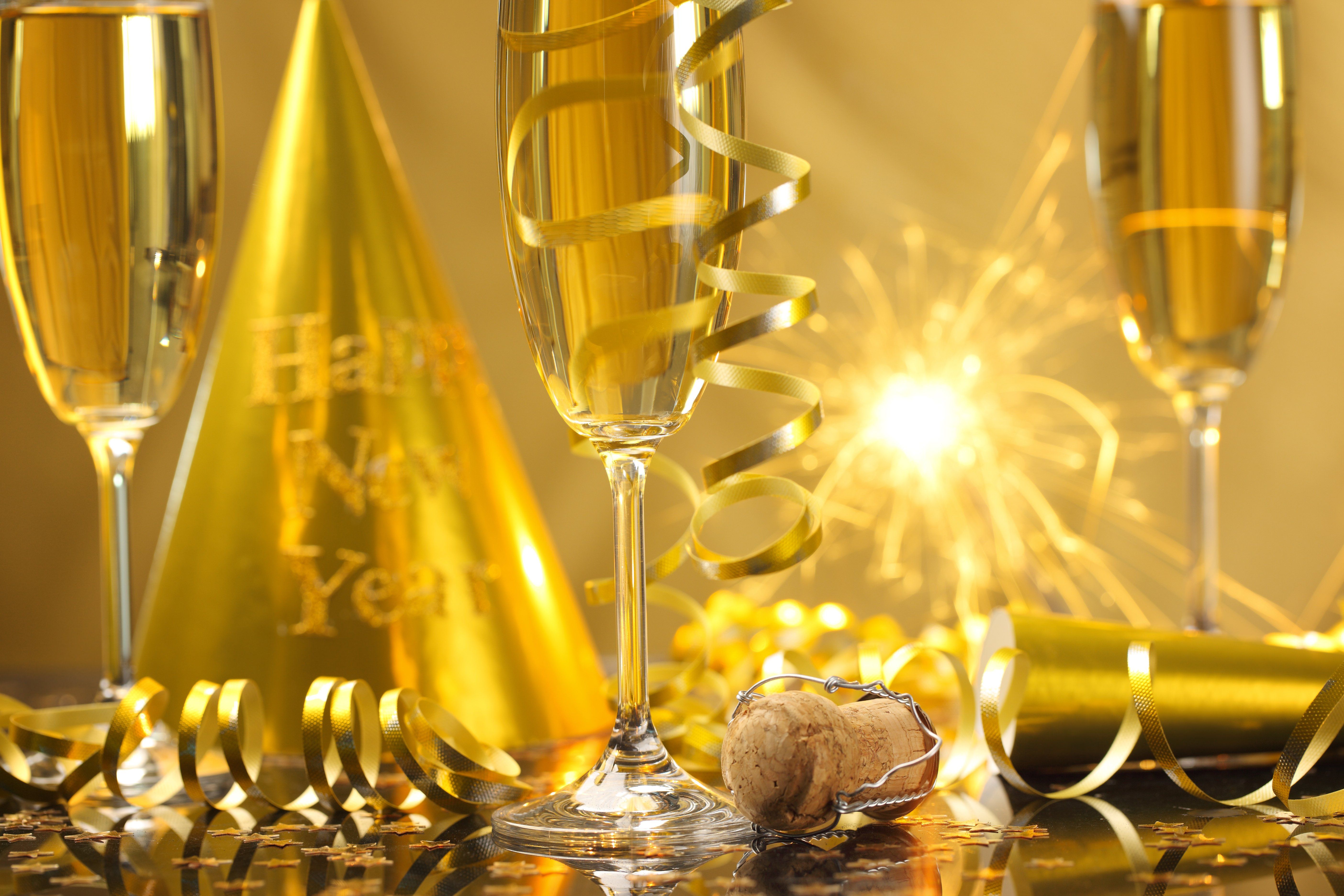New Year champagne Happy New Year streamers celebration golden