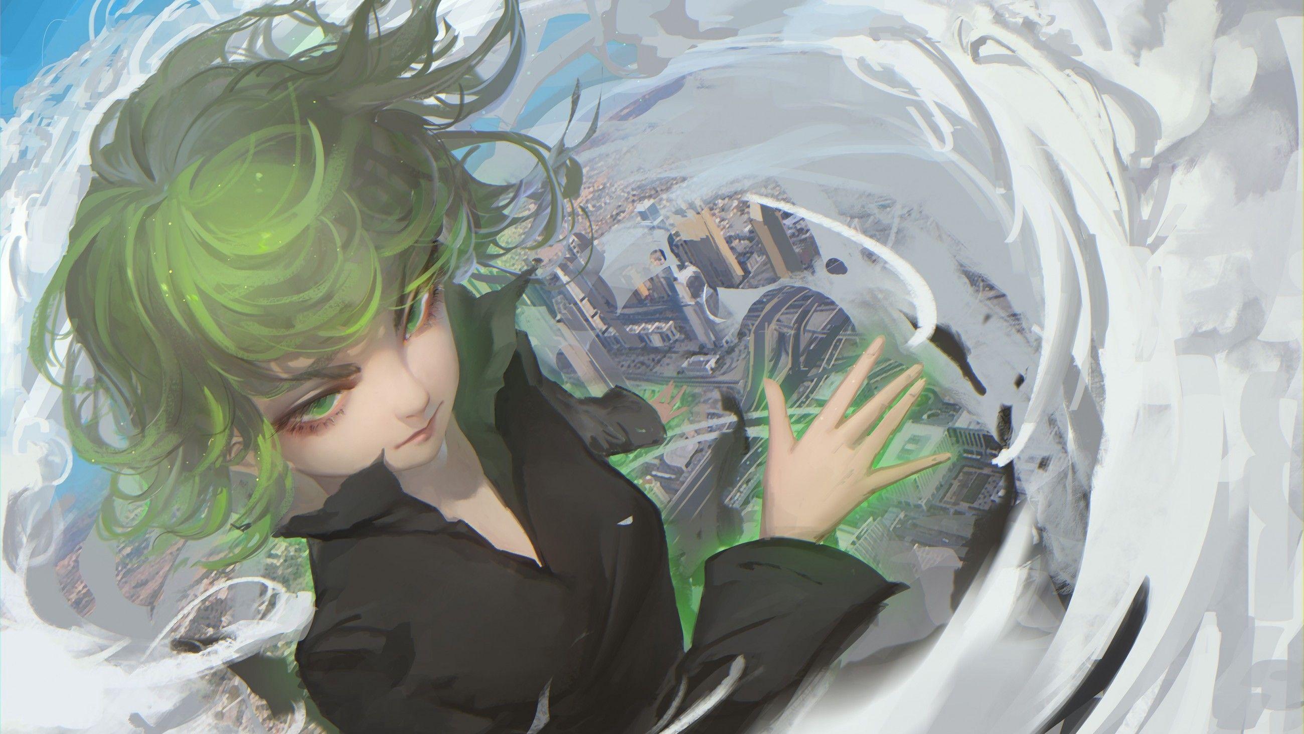 Download 2600x1464 One Punch Man, Tatsumaki, Sky, Clouds, Green Hair