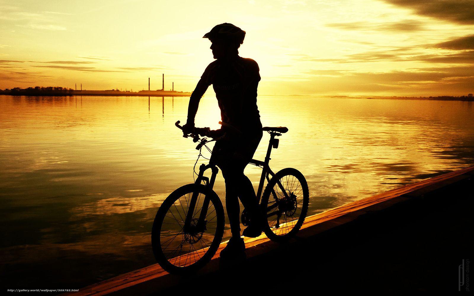 Download wallpaper Bike, bicycle, sunset, river free desktop