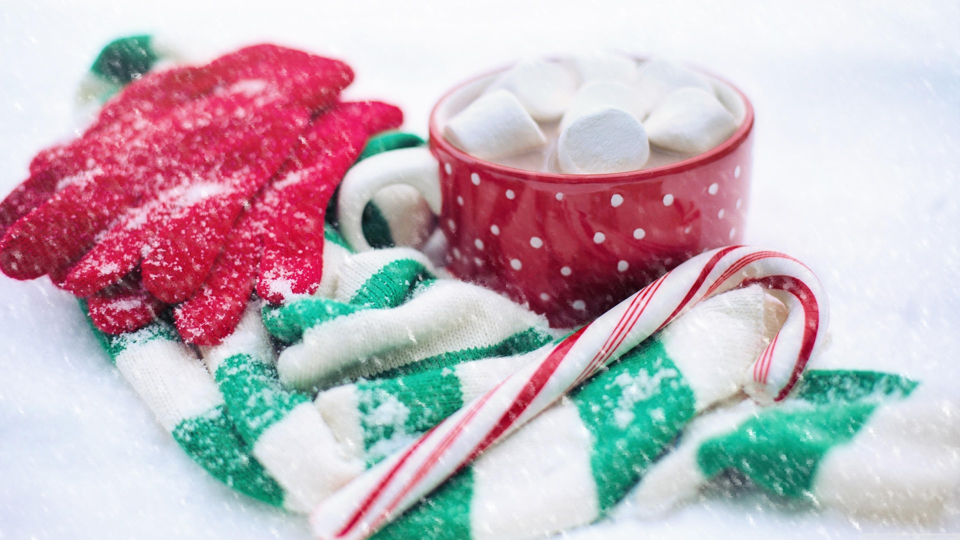 Hot Chocolate And Candy Cane In The Snow 4K UltraHD Wallpaper