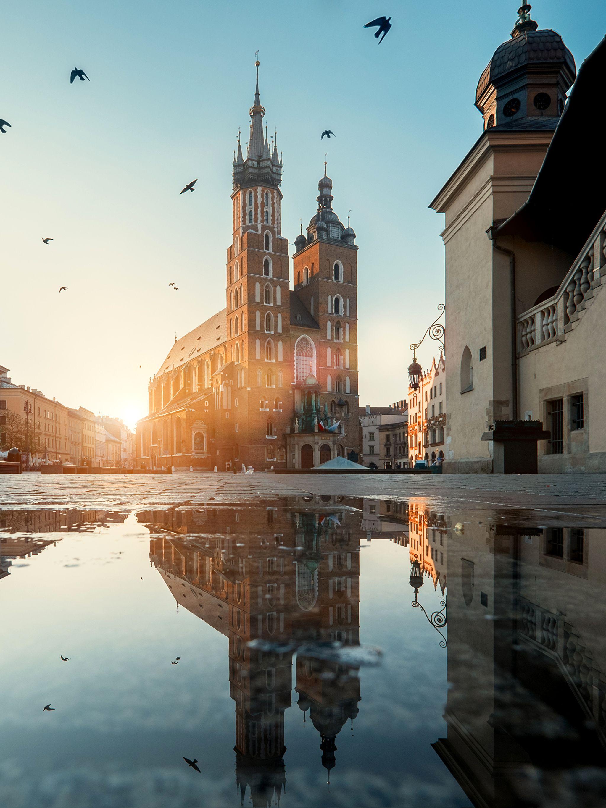 Picture Krakow Poland Town square Puddle Reflection Water 2048x2732