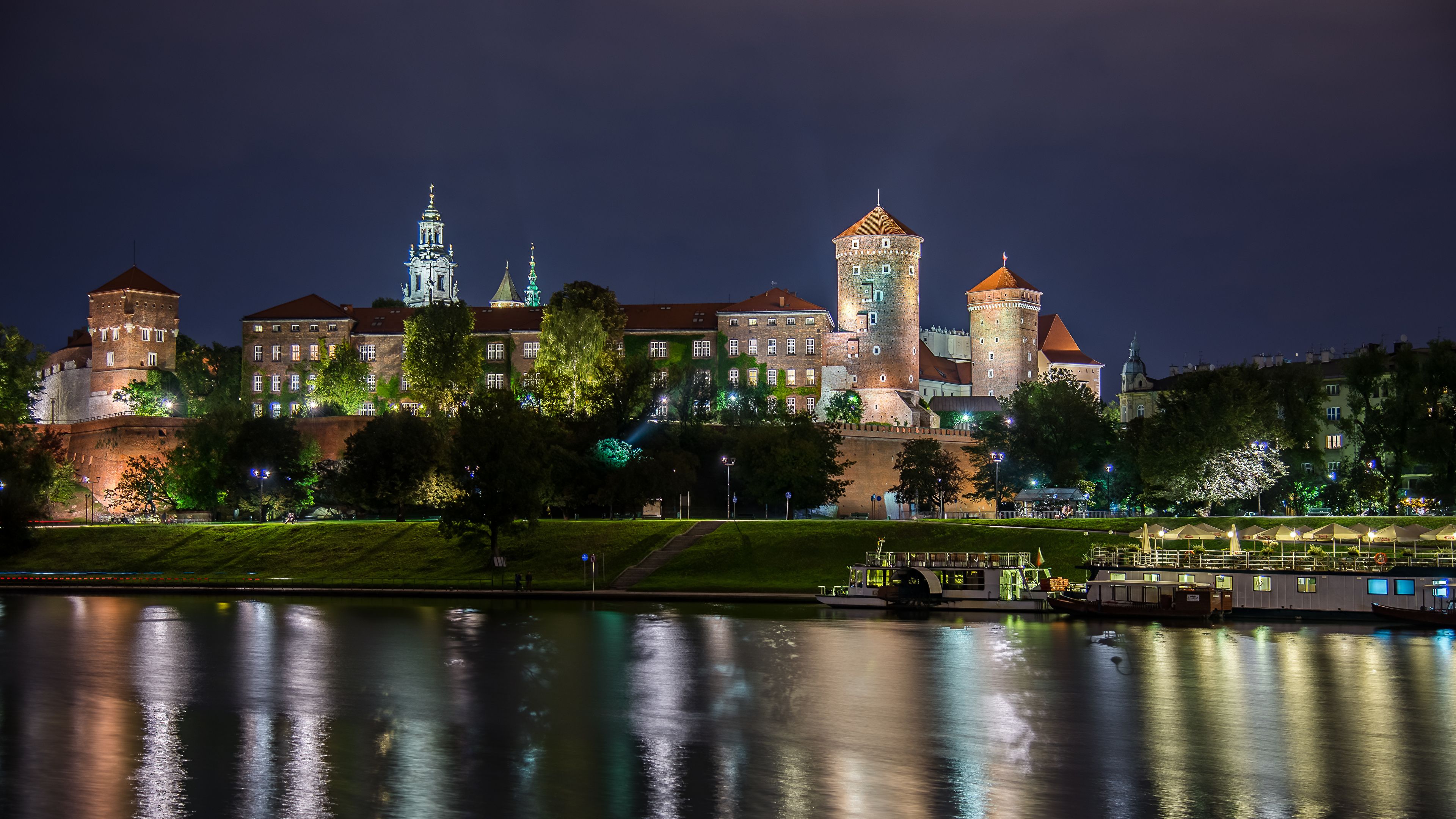 Image Krakow Poland Rivers Marinas night time Cities 3840x2160