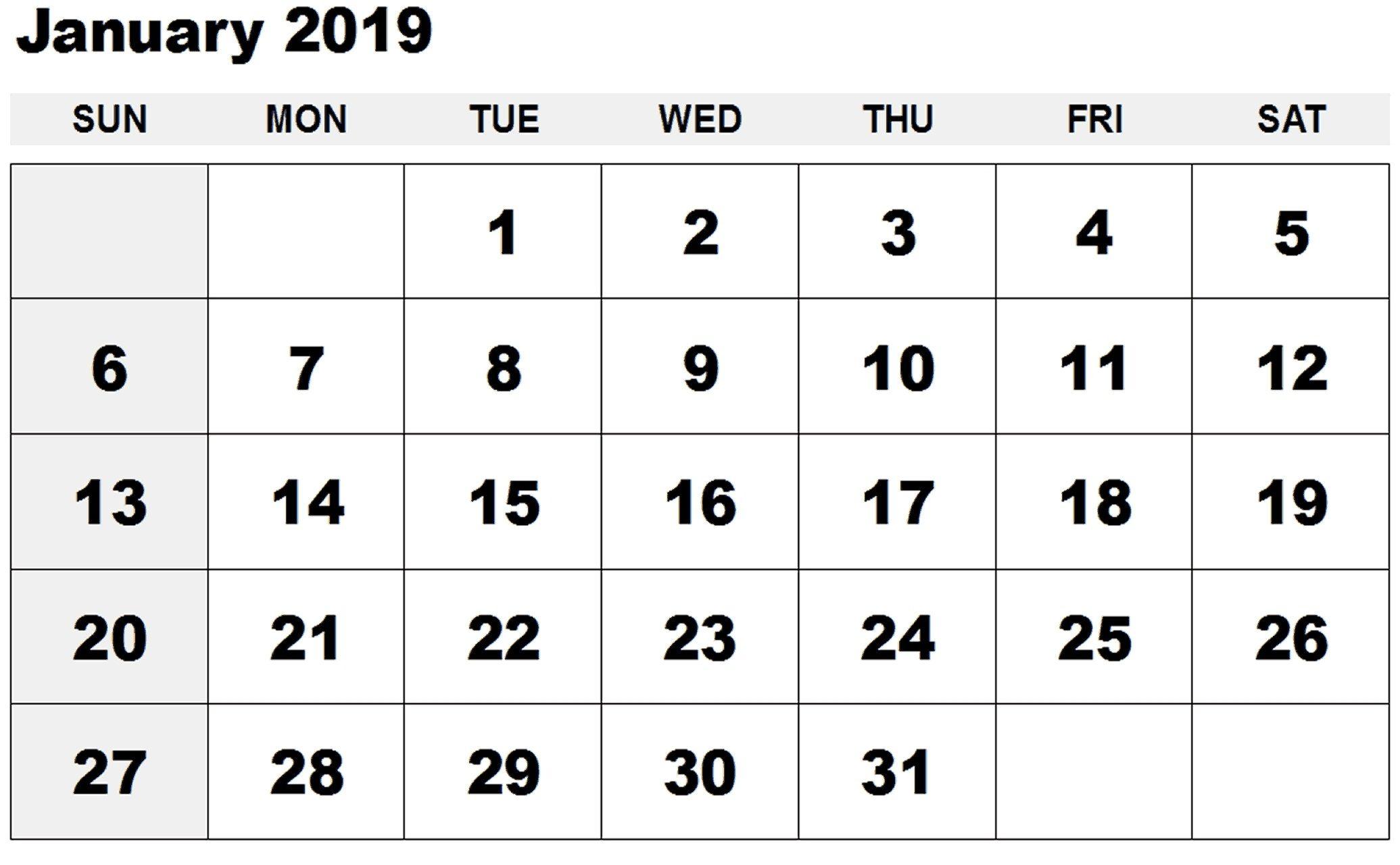 Monthly January 2019 Calendar. Free Printable Calendar