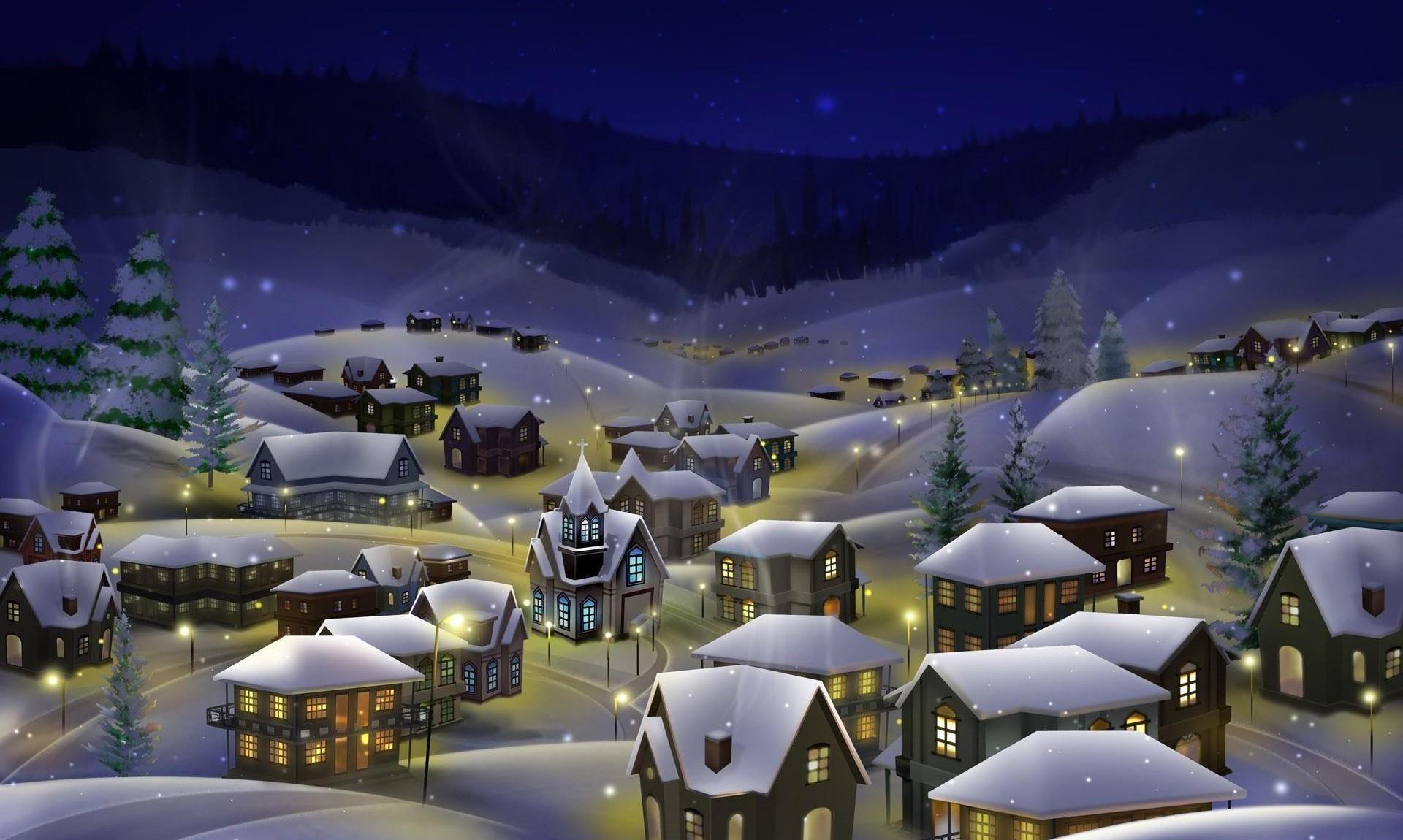 Download wallpaper 1920x1150 night, city, snow, christmas, holiday