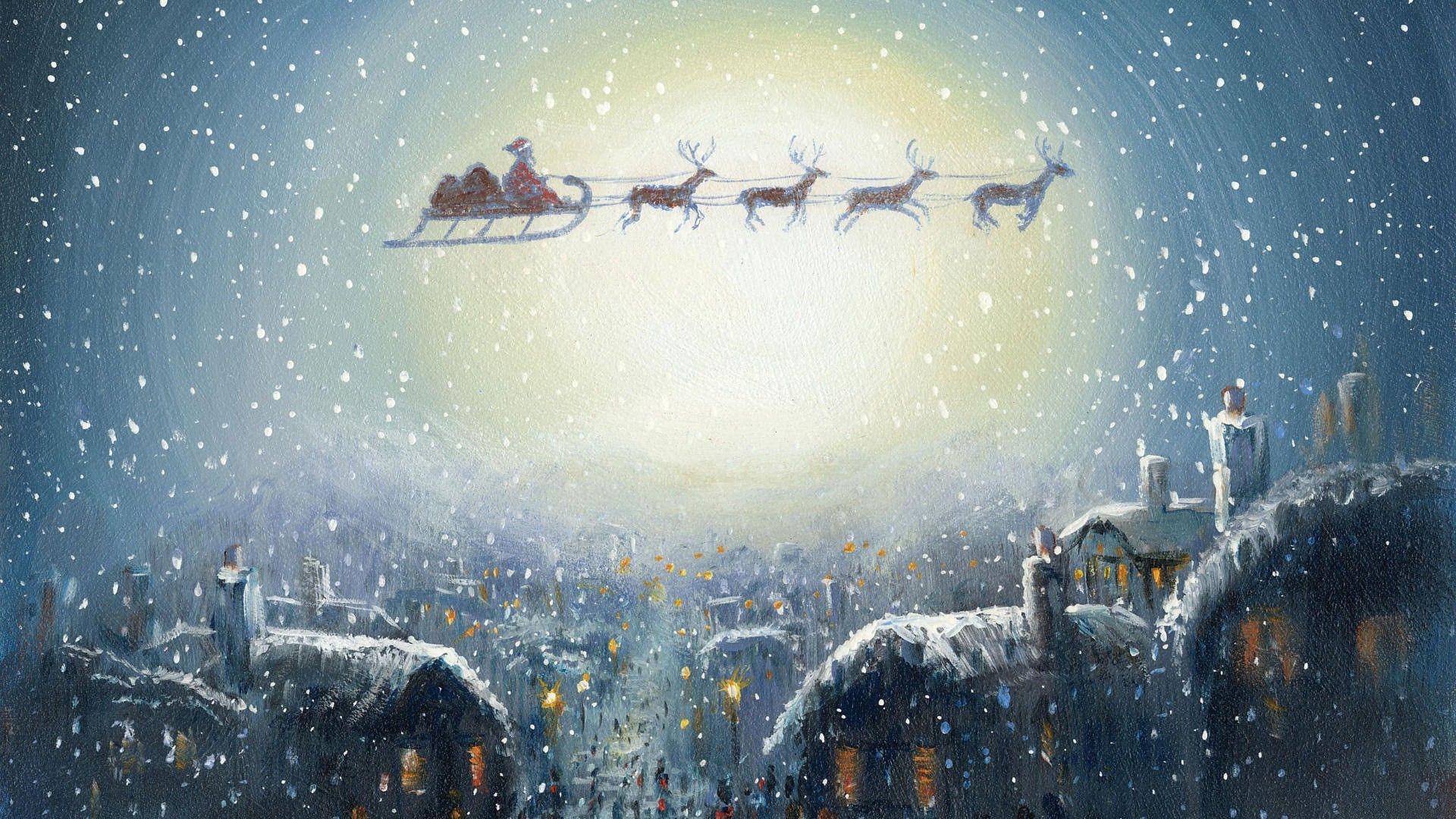 winter, Christmas, Santa Claus, reindeer, village wallpaper