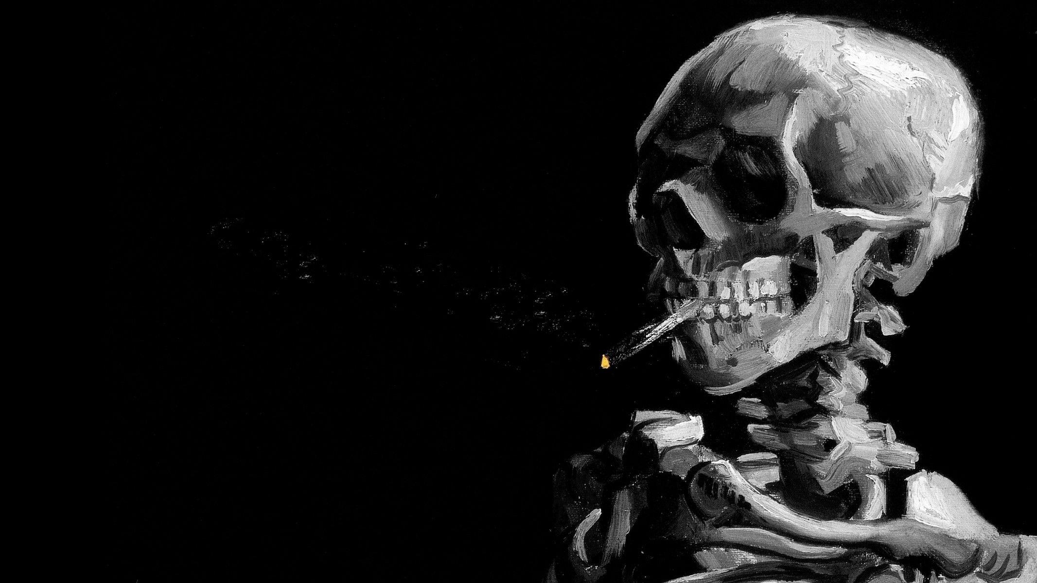minimalism digital art drawing skull fire cigarettes smoke wallpaper