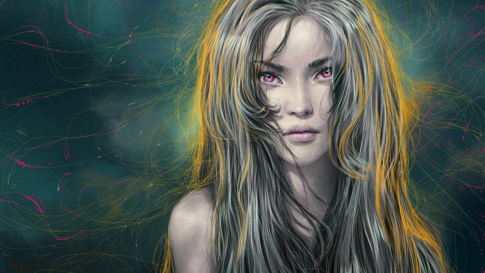Download 1600x900 Fantasy Woman, Digital Art, Long Hair, Purple Eyes